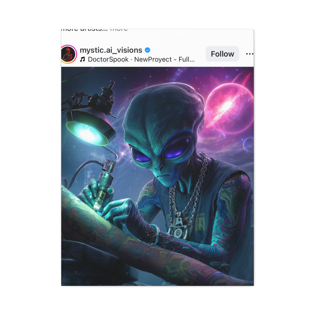 Alien Tattoo Artist Matte Canvas Print — Sci‑Fi Wall Art for Gamers & Nerd Decor