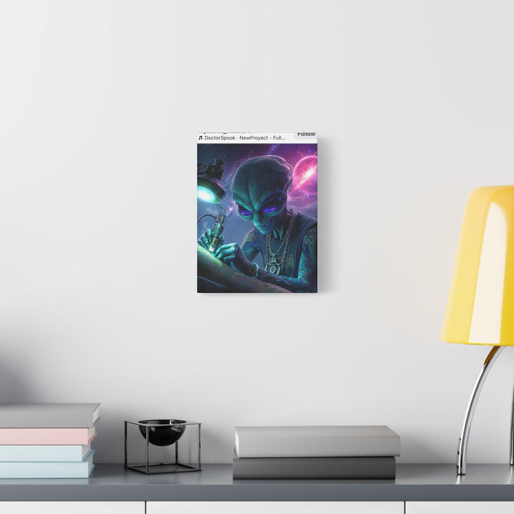 Alien Tattoo Artist Matte Canvas Print — Sci‑Fi Wall Art for Gamers & Nerd Decor