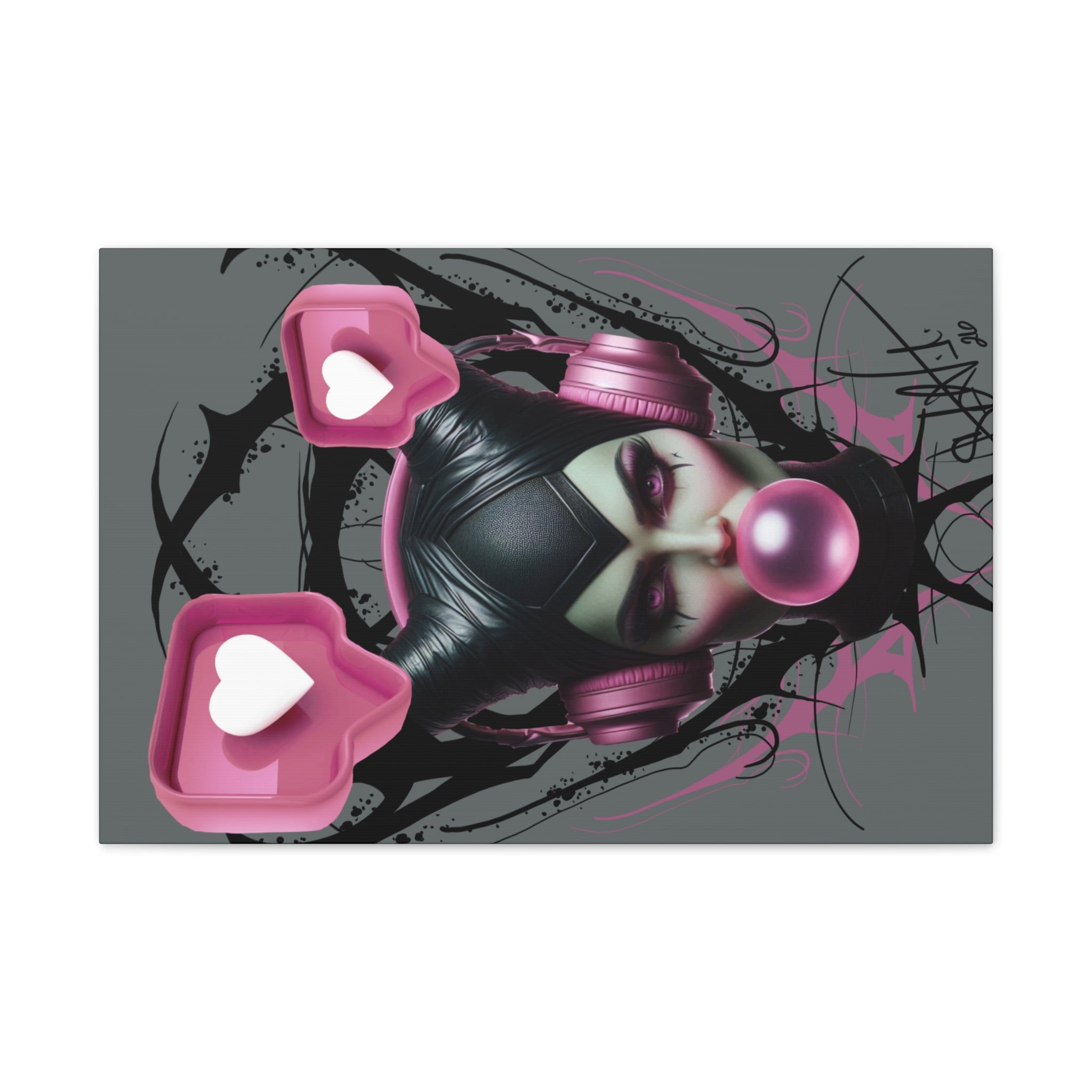 Gothic Pop Art Canvas Print — Pink Headphones & Bubblegum Femme