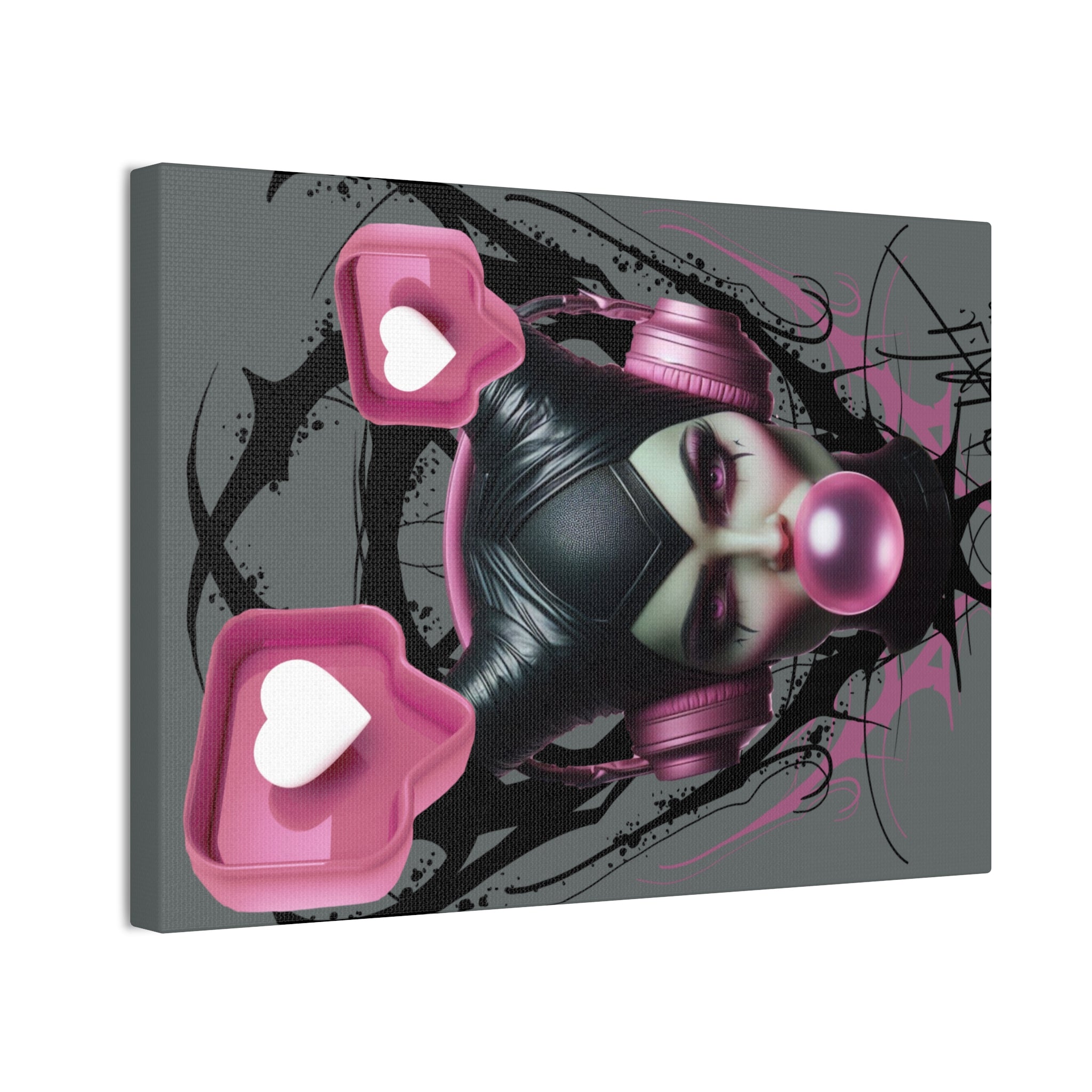Gothic Pop Art Canvas Print — Pink Headphones & Bubblegum Femme