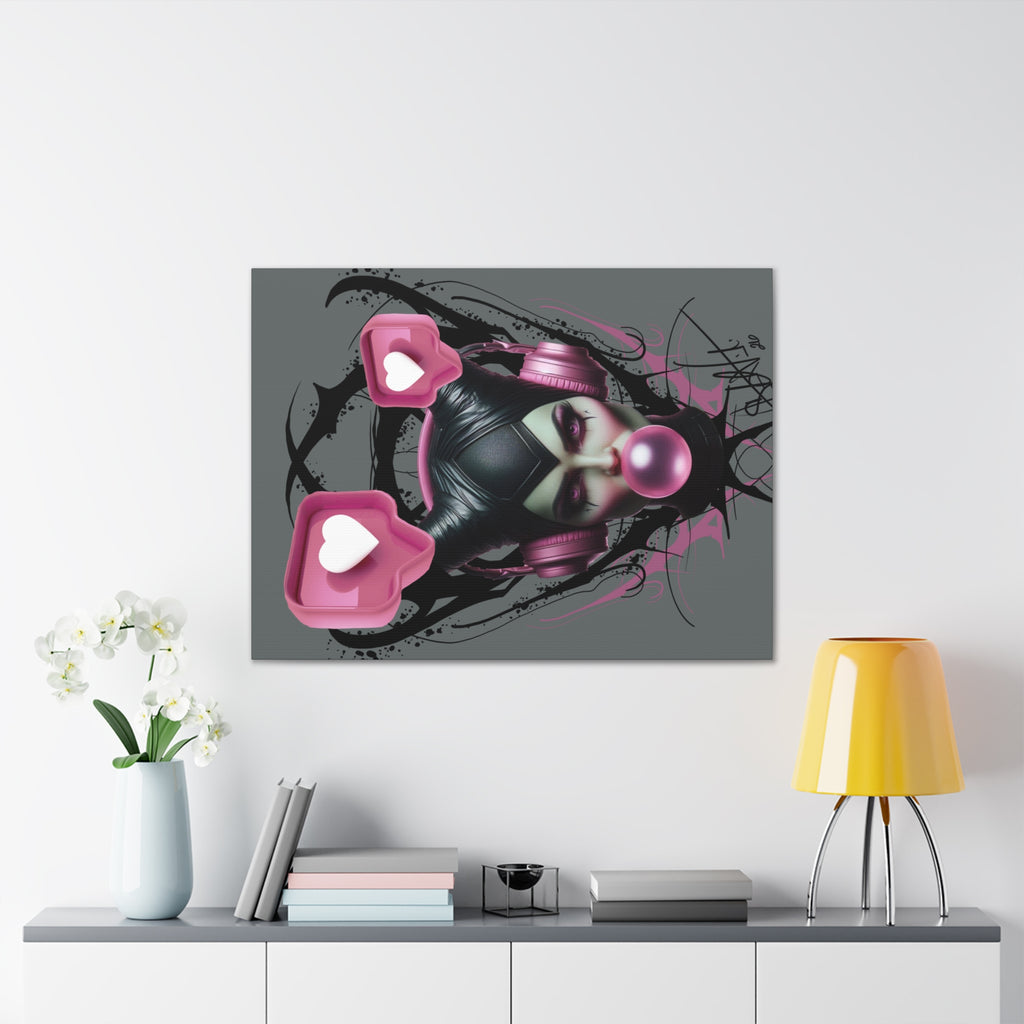 Gothic Pop Art Canvas Print — Pink Headphones & Bubblegum Femme
