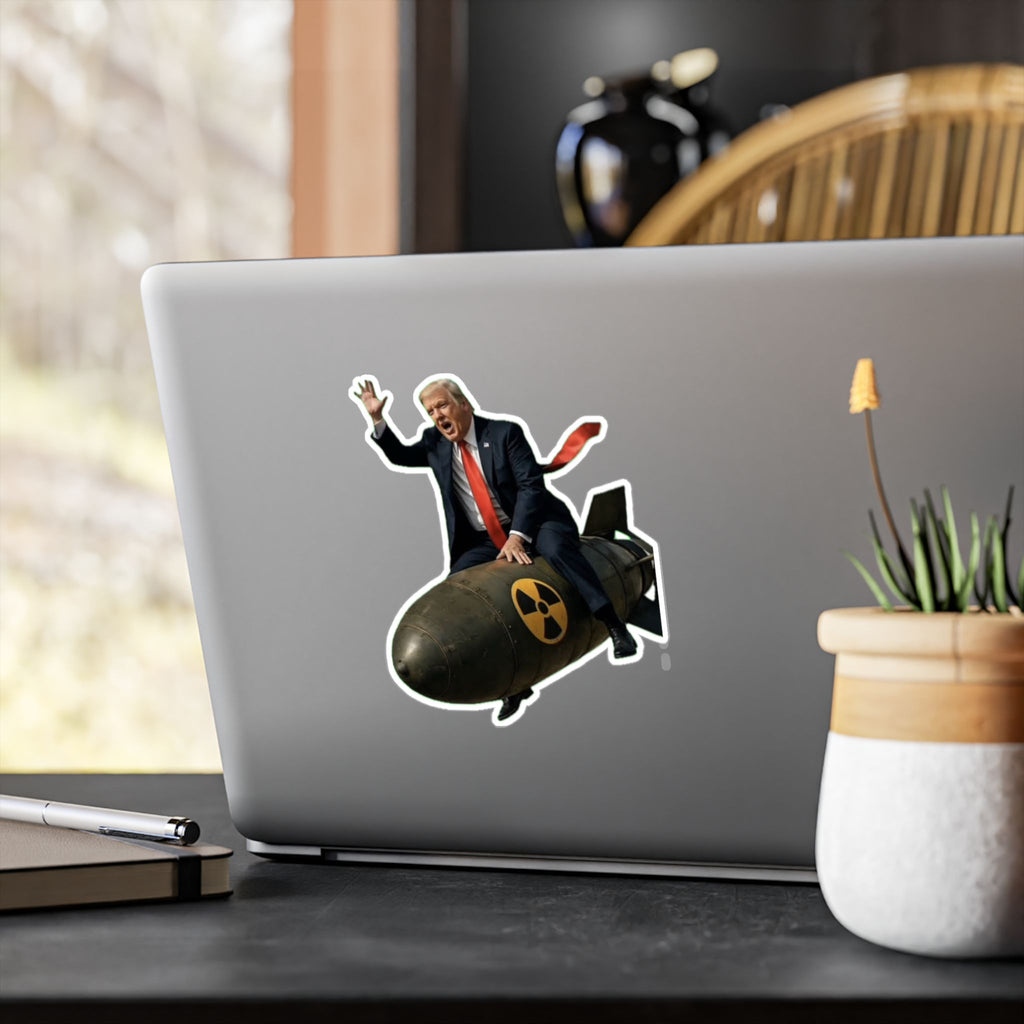 Political Satire Vinyl Sticker — Man Riding Nuclear Bomb Kiss-Cut Decal