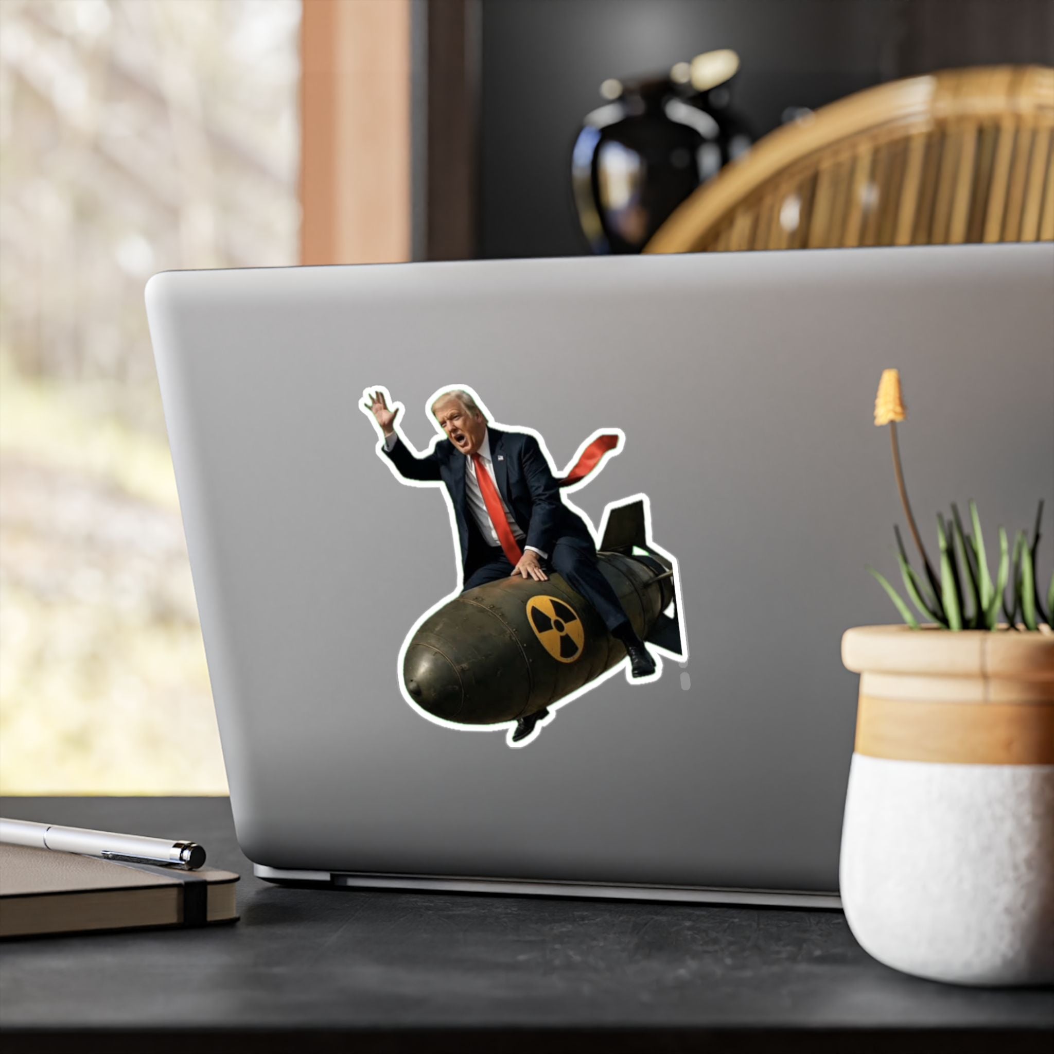 Political Satire Vinyl Sticker — Man Riding Nuclear Bomb Kiss-Cut Decal