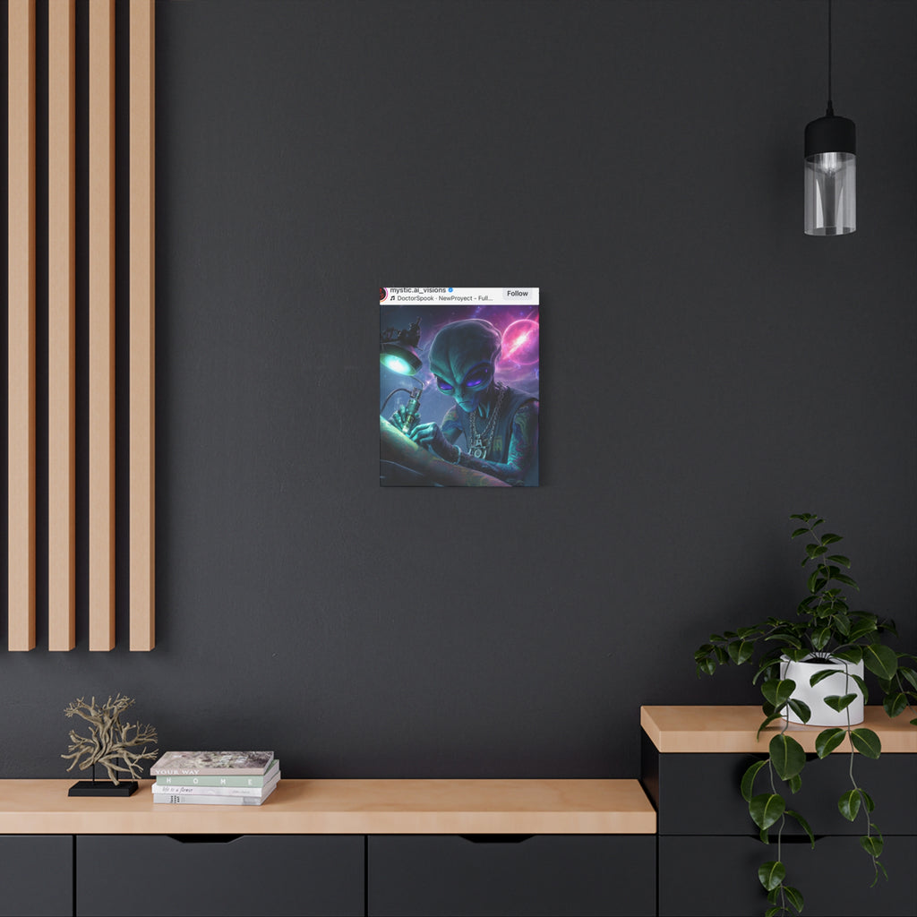 Alien Tattoo Artist Matte Canvas Print — Sci‑Fi Wall Art for Gamers & Nerd Decor