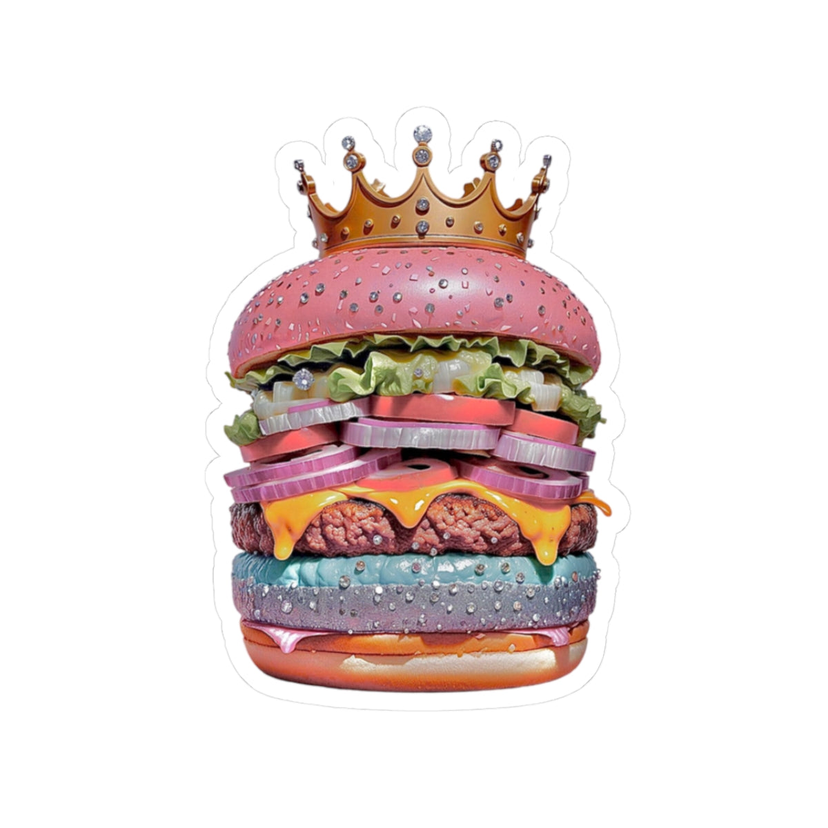 Royal Rainbow Burger Kiss-Cut Sticker — Funky Crowned Cheeseburger Decal