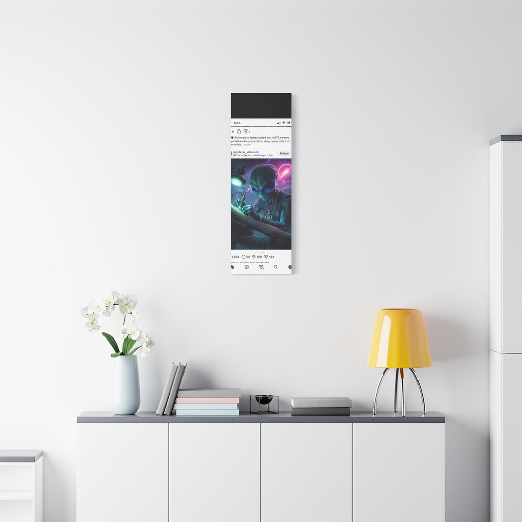 Alien Tattoo Artist Matte Canvas Print — Sci‑Fi Wall Art for Gamers & Nerd Decor