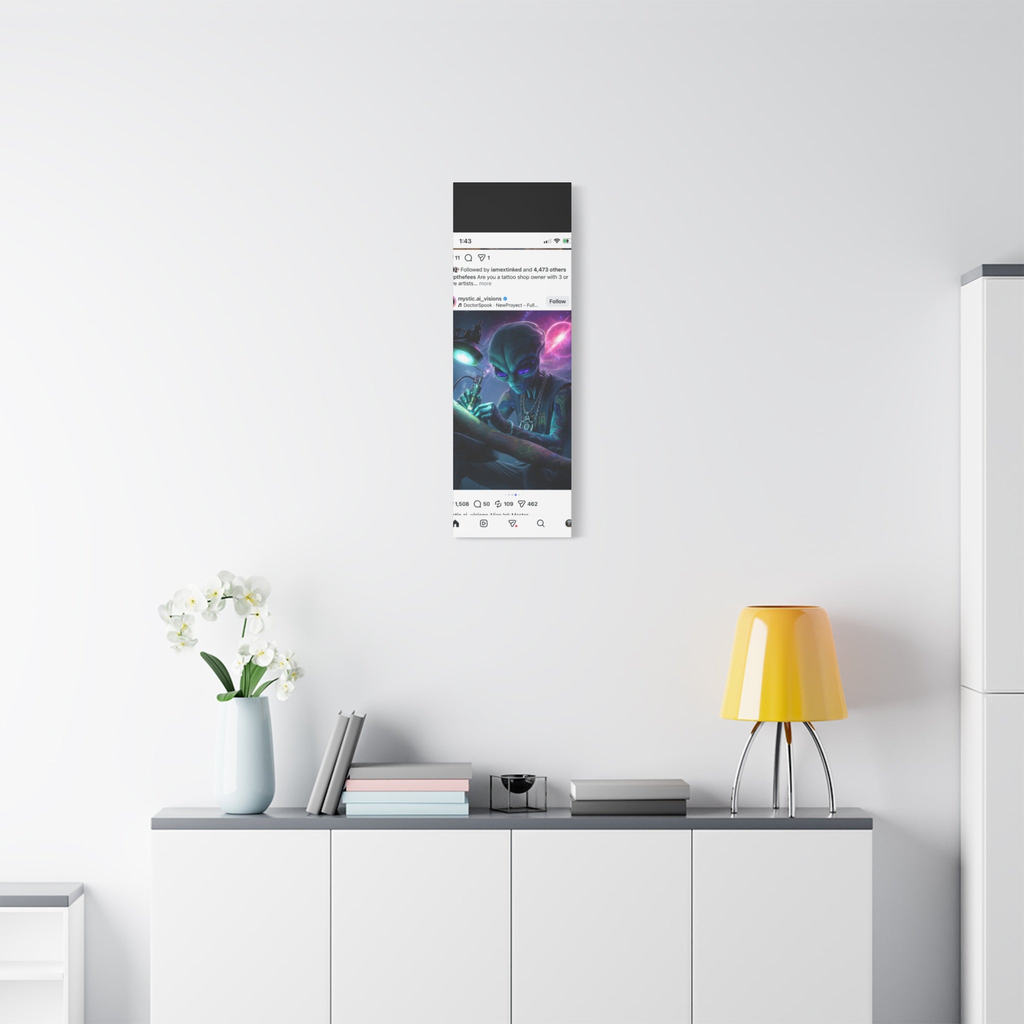 Alien Tattoo Artist Matte Canvas Print — Sci‑Fi Wall Art for Gamers & Nerd Decor