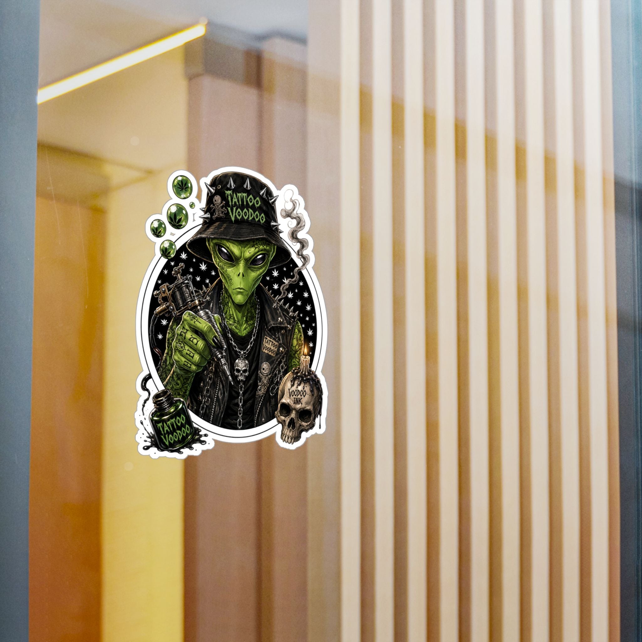 Alien Voodoo Tattoo Kiss-Cut Vinyl Decal — Green Alien with Skull & Smoke