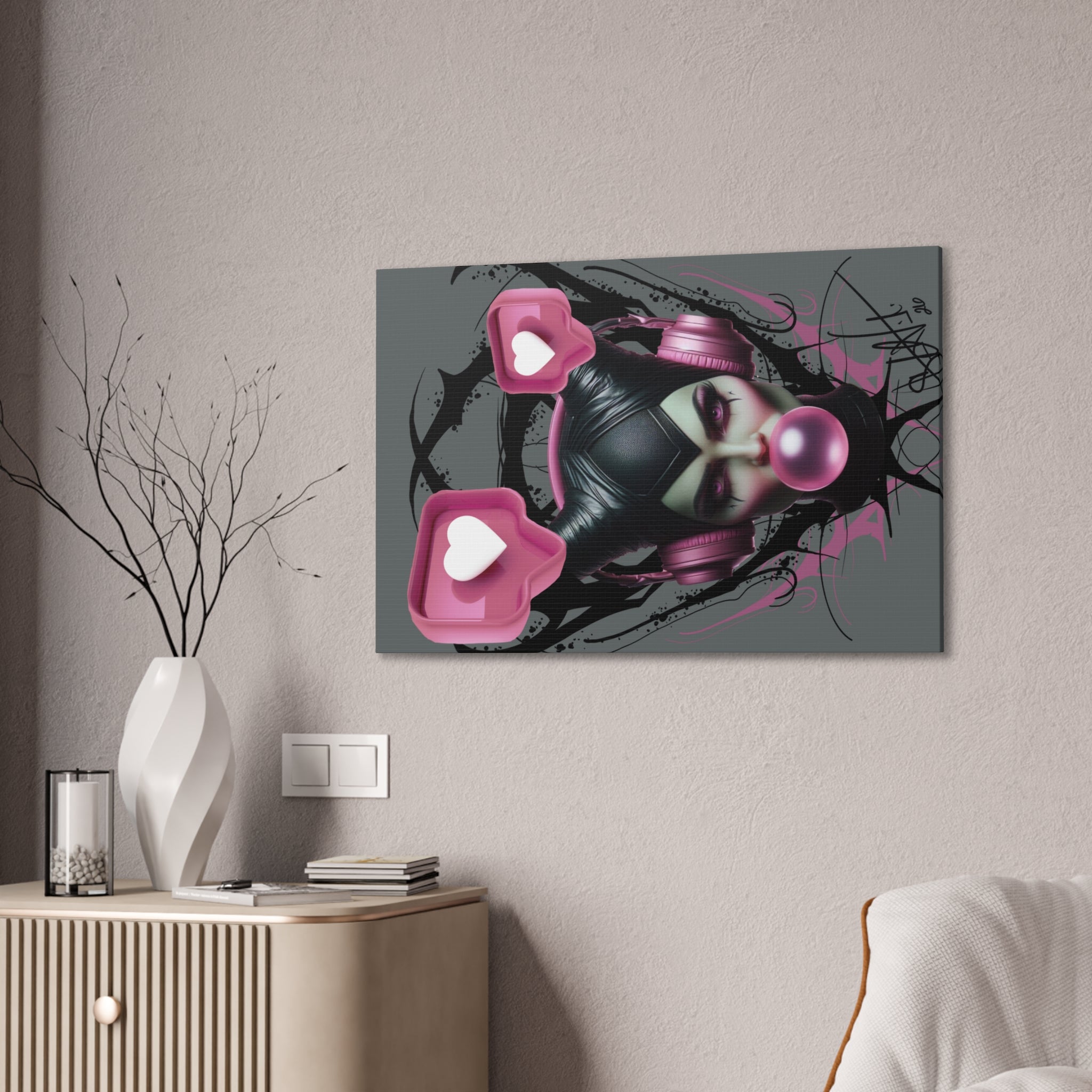 Gothic Pop Art Canvas Print — Pink Headphones & Bubblegum Femme
