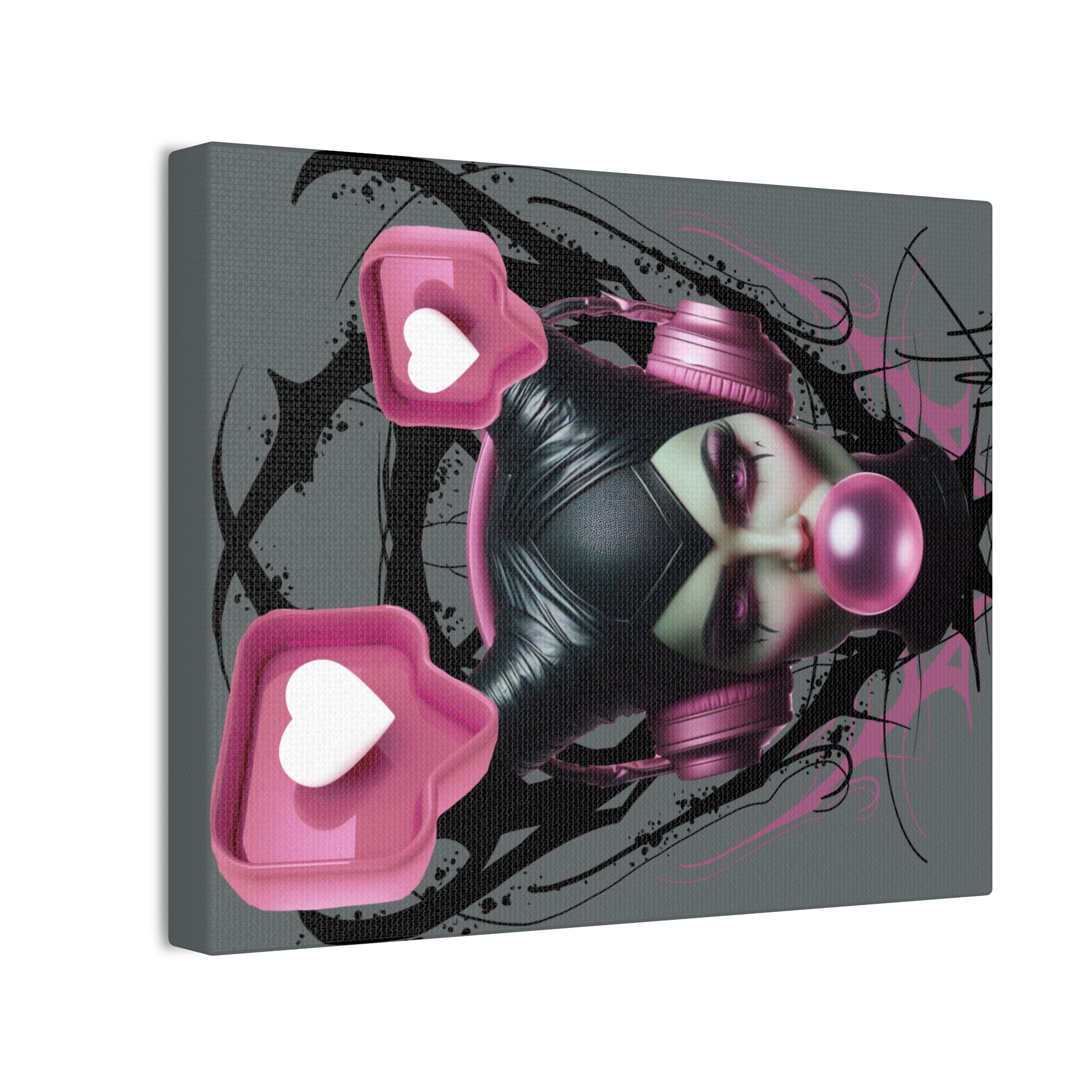 Gothic Pop Art Canvas Print — Pink Headphones & Bubblegum Femme