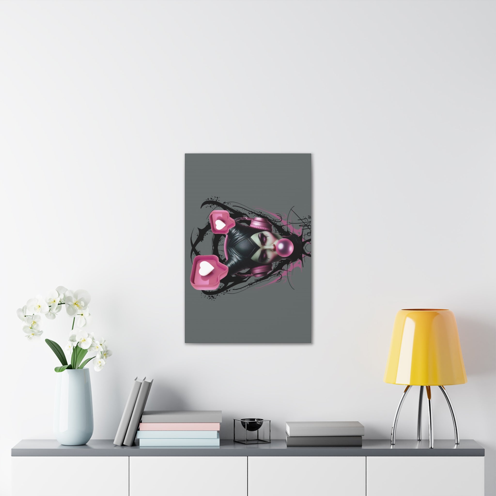 Gothic Pop Art Canvas Print — Pink Headphones & Bubblegum Femme