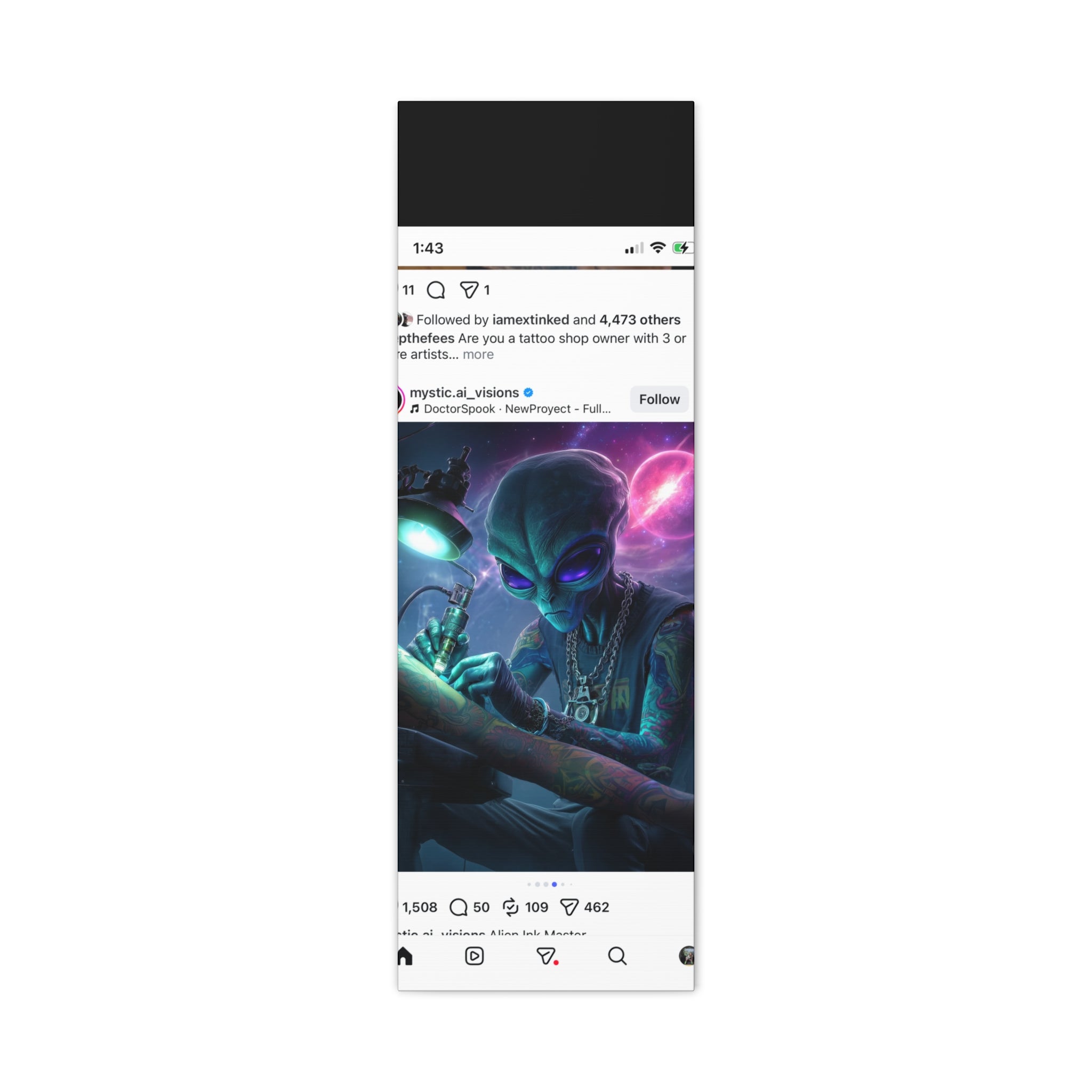 Alien Tattoo Artist Matte Canvas Print — Sci‑Fi Wall Art for Gamers & Nerd Decor