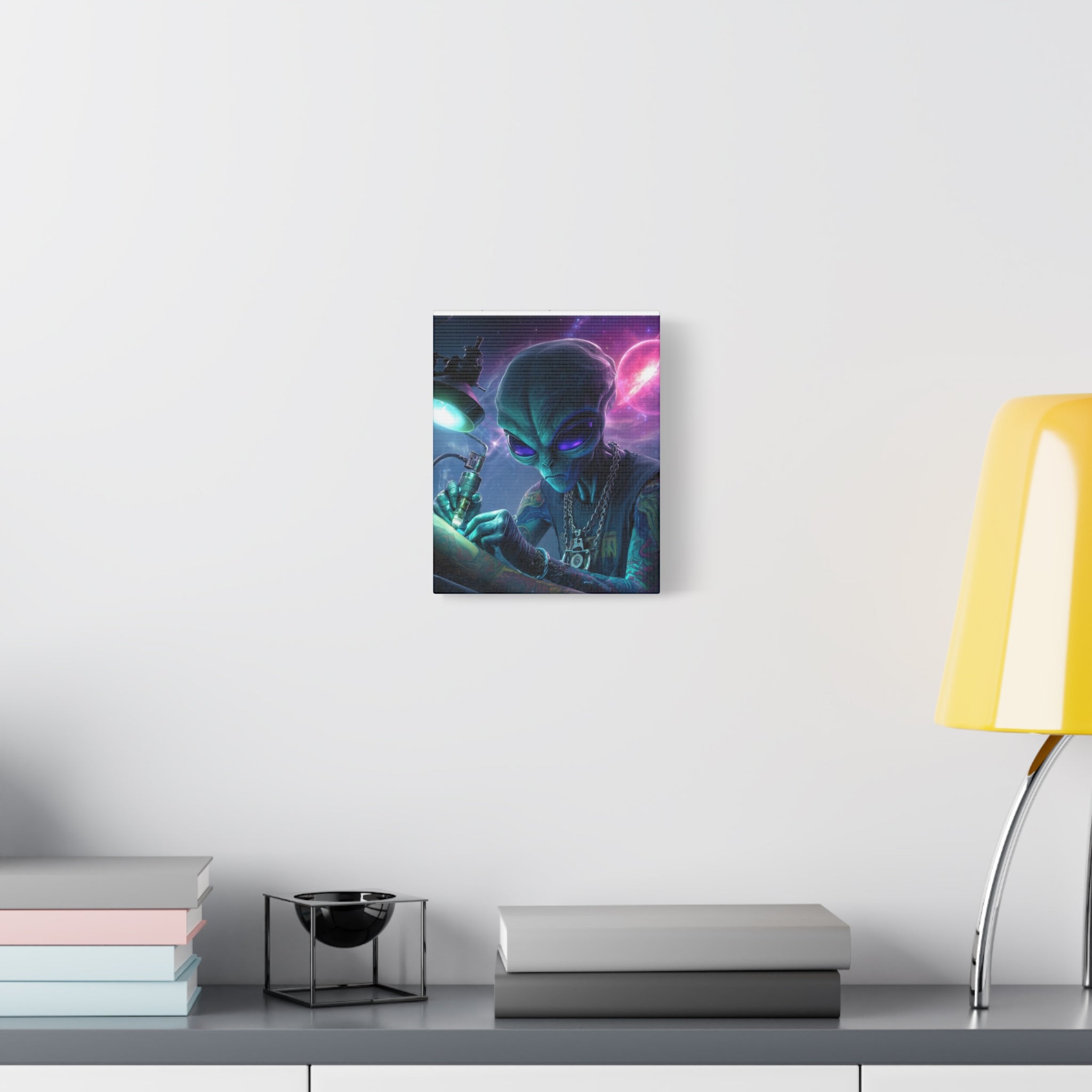 Alien Tattoo Artist Matte Canvas Print — Sci‑Fi Wall Art for Gamers & Nerd Decor