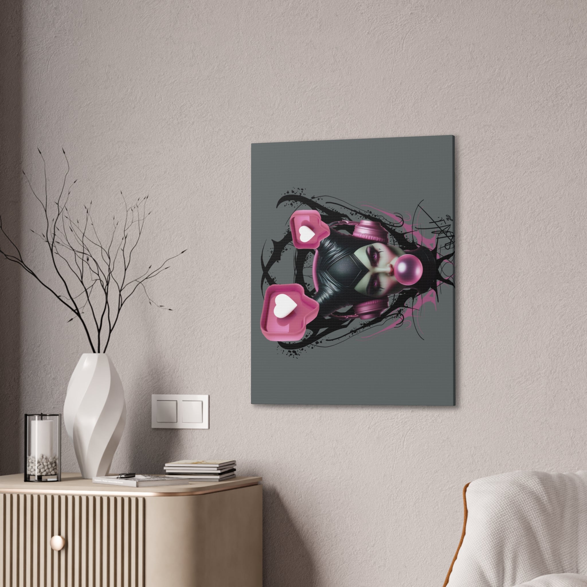Gothic Pop Art Canvas Print — Pink Headphones & Bubblegum Femme