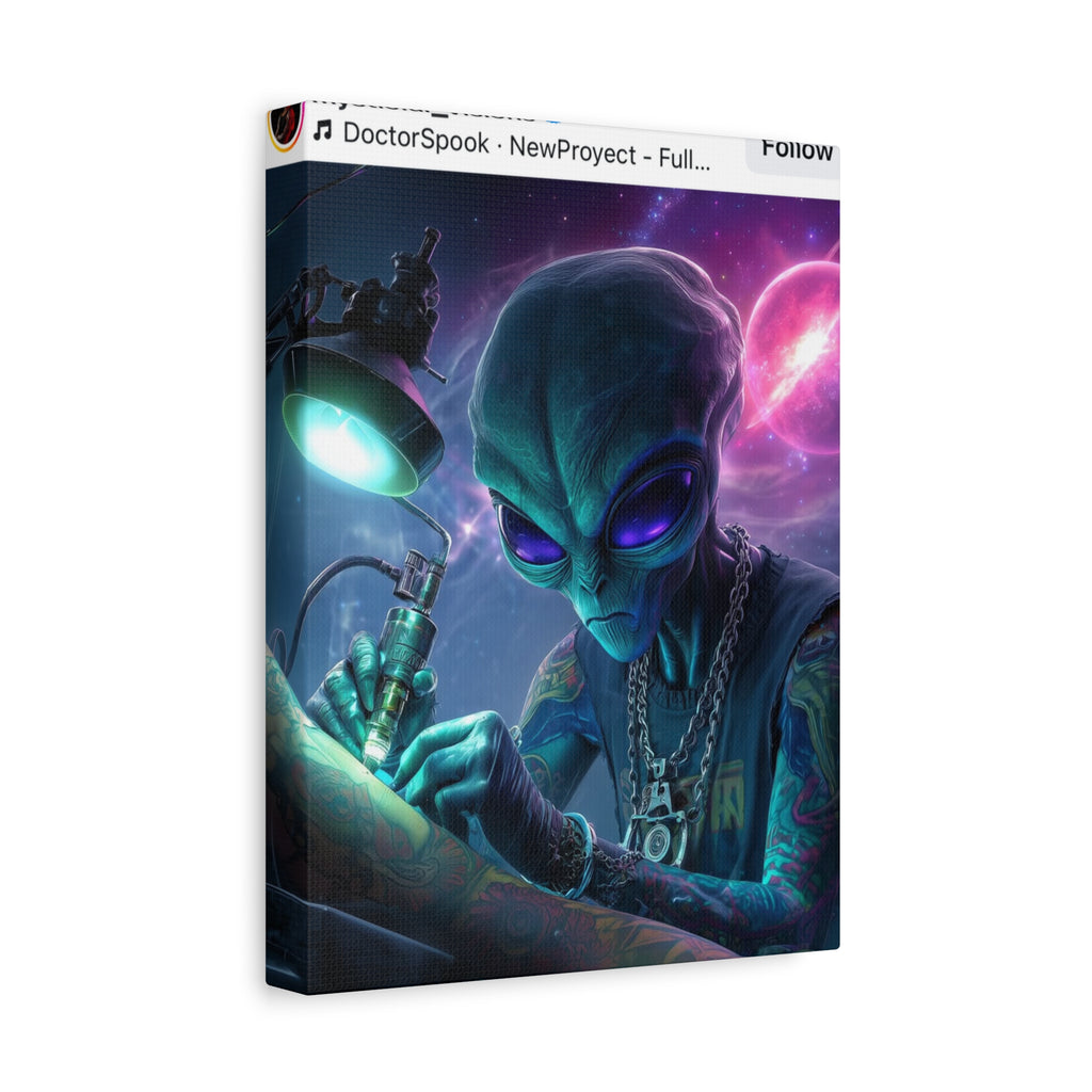 Alien Tattoo Artist Matte Canvas Print — Sci‑Fi Wall Art for Gamers & Nerd Decor