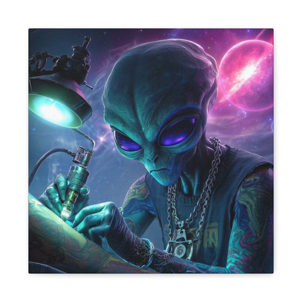 Alien Tattoo Artist Matte Canvas Print — Sci‑Fi Wall Art for Gamers & Nerd Decor