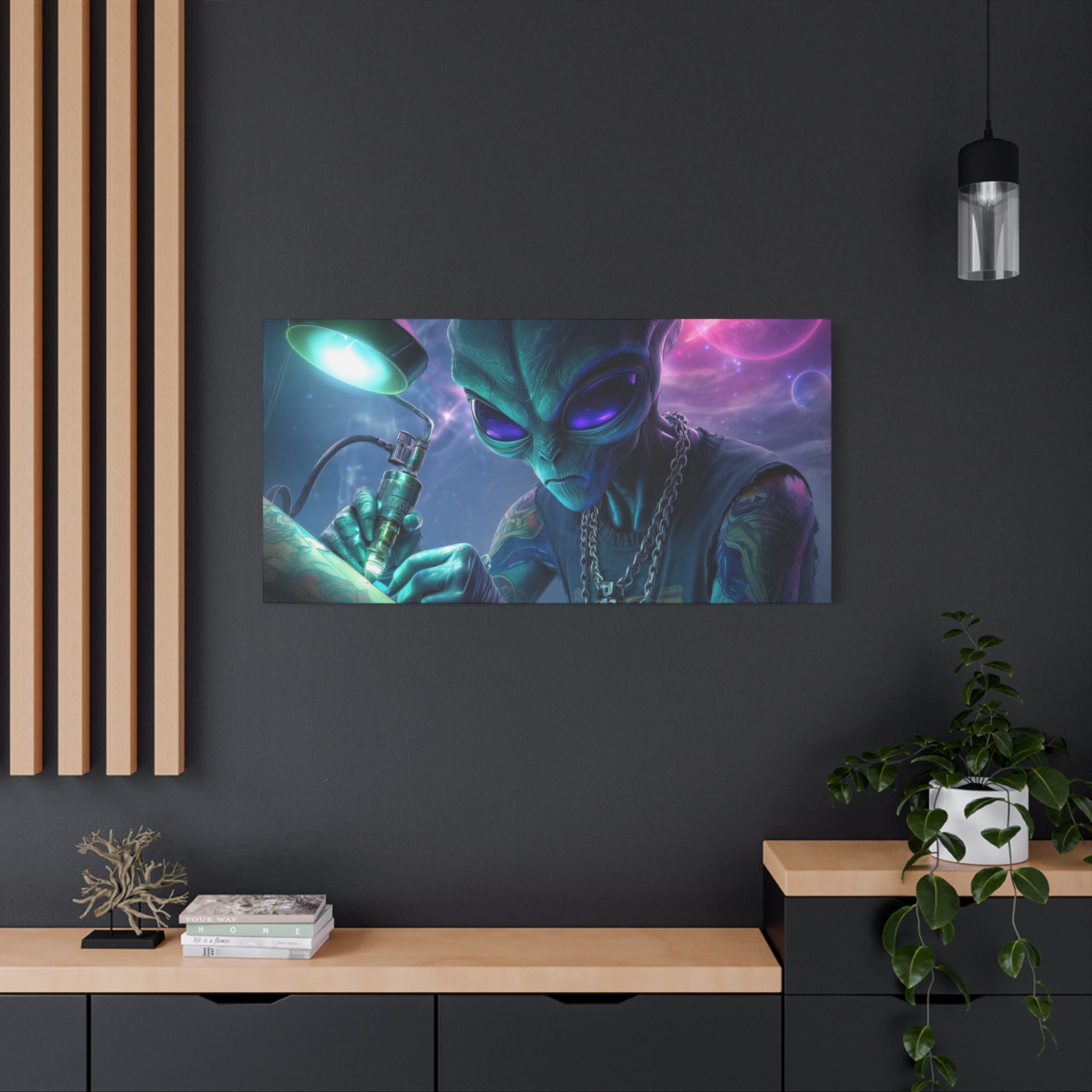 Alien Tattoo Artist Matte Canvas Print — Sci‑Fi Wall Art for Gamers & Nerd Decor