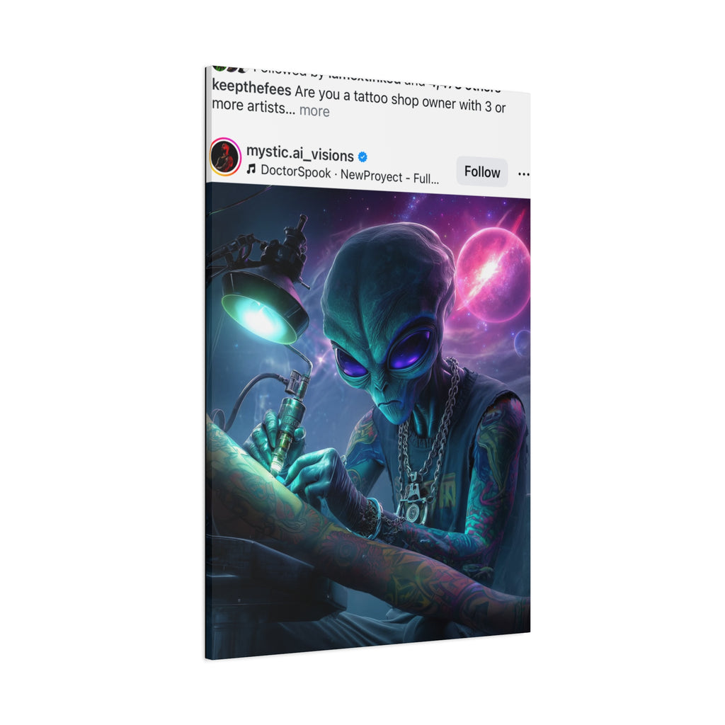 Alien Tattoo Artist Matte Canvas Print — Sci‑Fi Wall Art for Gamers & Nerd Decor