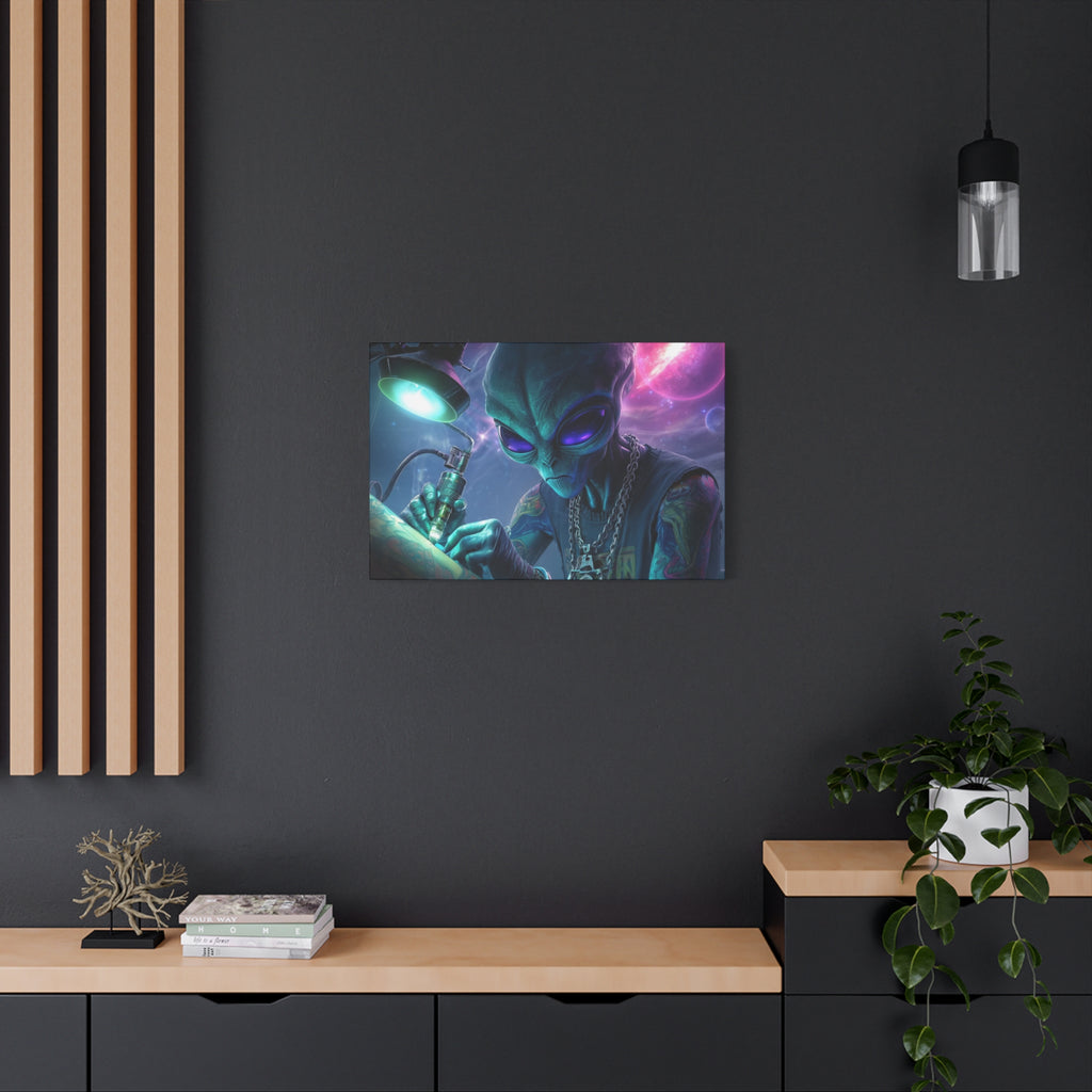 Alien Tattoo Artist Matte Canvas Print — Sci‑Fi Wall Art for Gamers & Nerd Decor