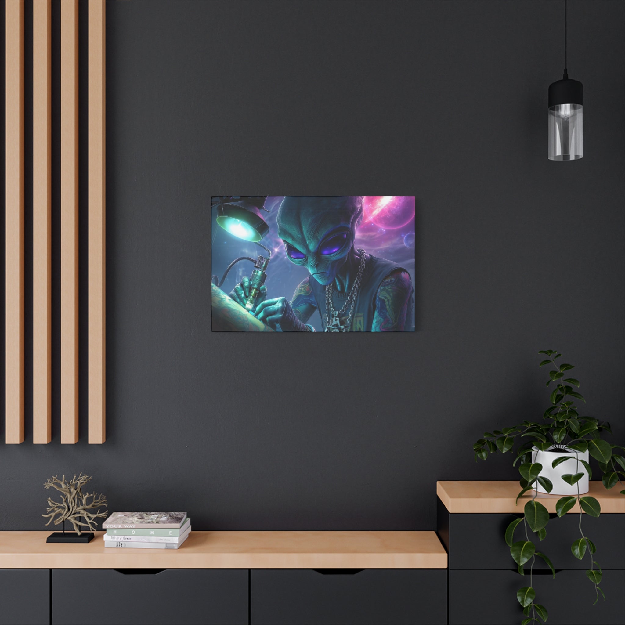 Alien Tattoo Artist Matte Canvas Print — Sci‑Fi Wall Art for Gamers & Nerd Decor
