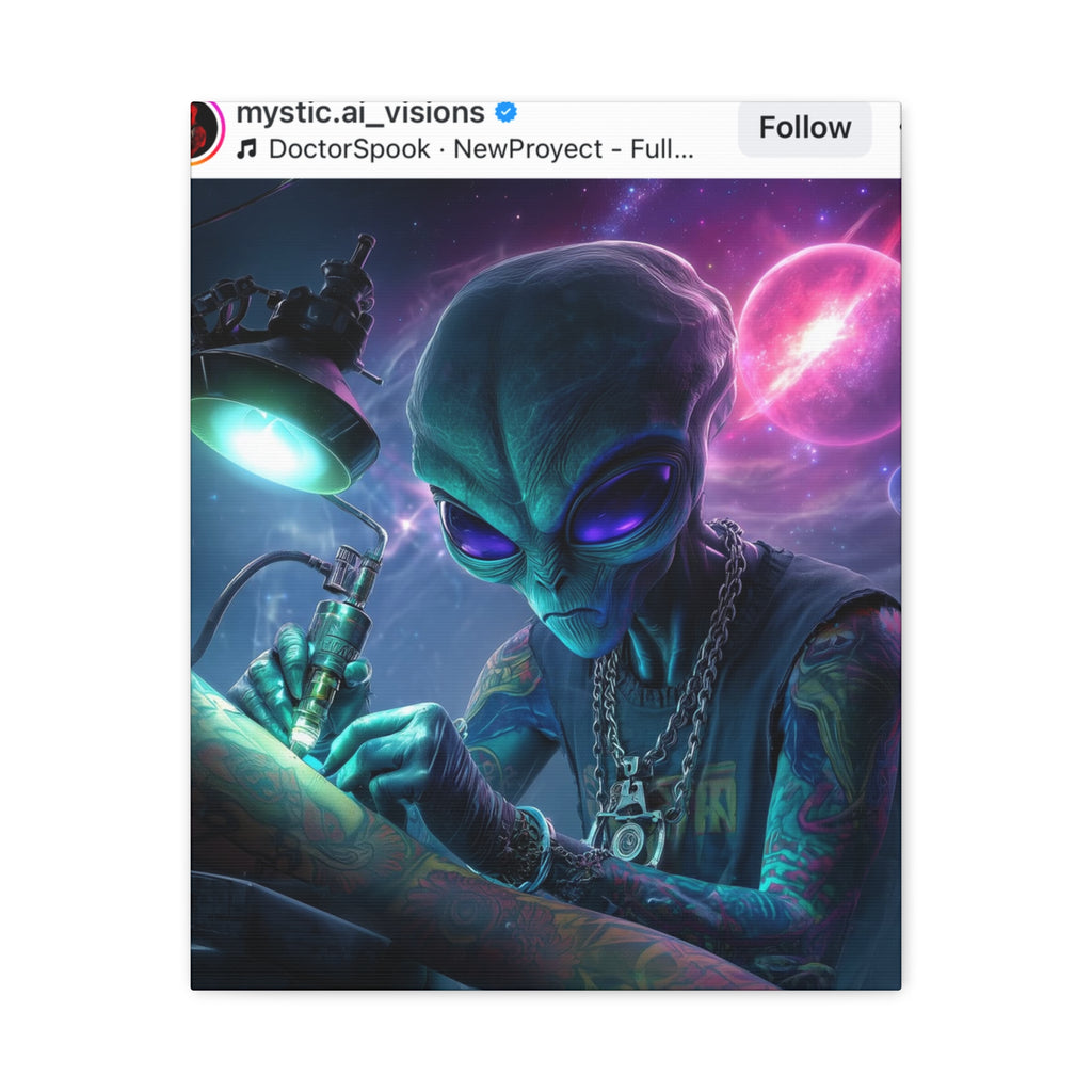 Alien Tattoo Artist Matte Canvas Print — Sci‑Fi Wall Art for Gamers & Nerd Decor