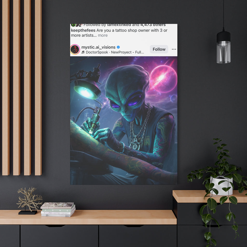 Alien Tattoo Artist Matte Canvas Print — Sci‑Fi Wall Art for Gamers & Nerd Decor