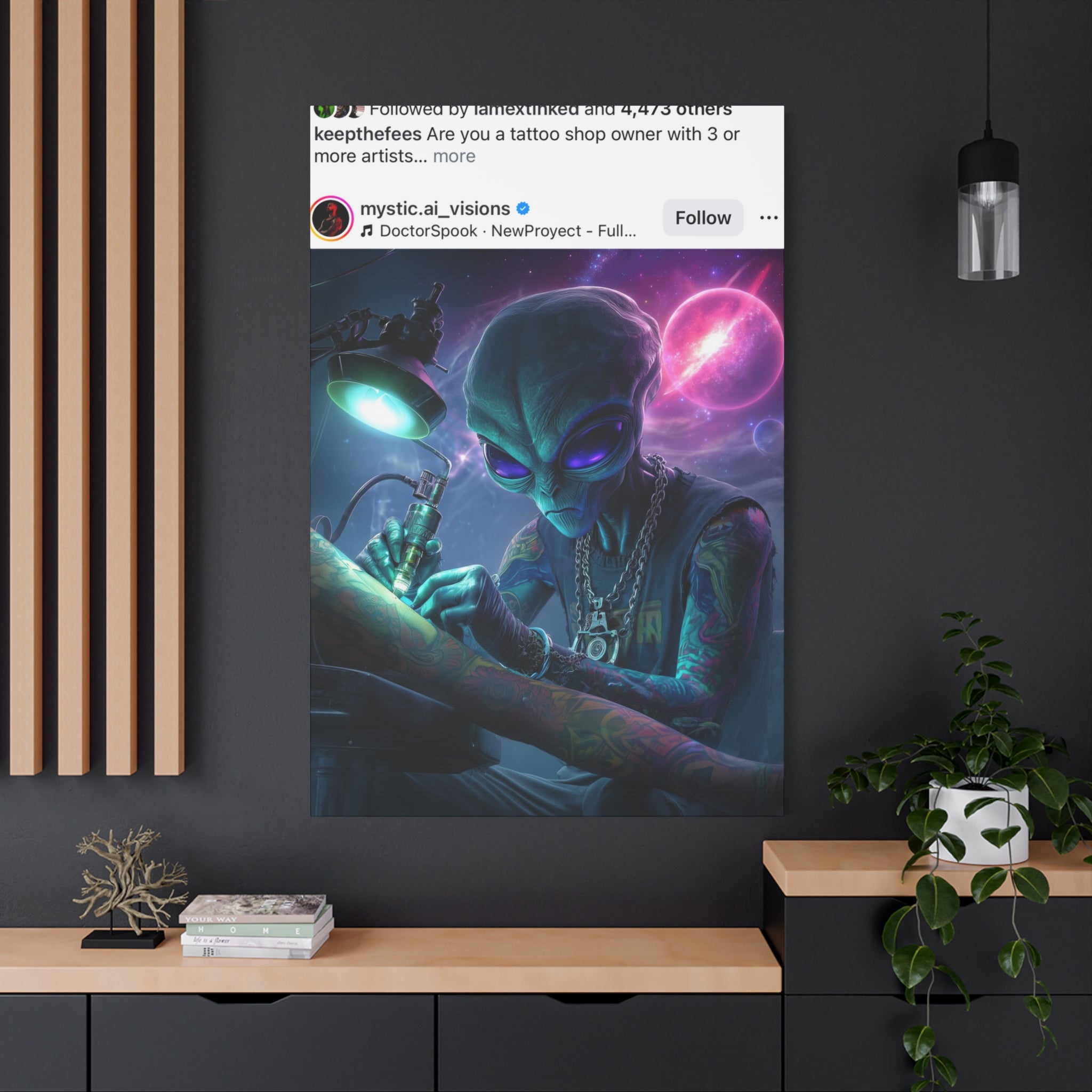 Alien Tattoo Artist Matte Canvas Print — Sci‑Fi Wall Art for Gamers & Nerd Decor