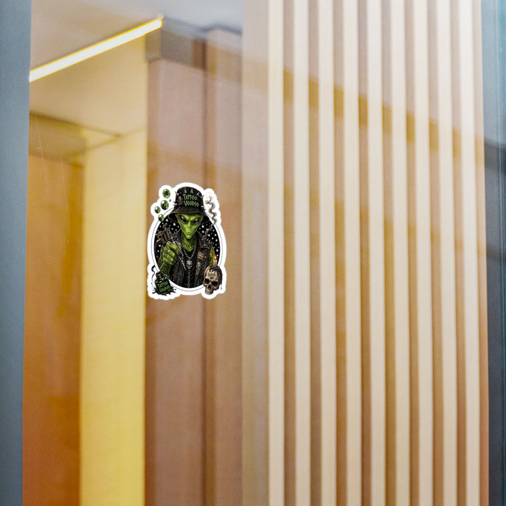 Alien Voodoo Tattoo Kiss-Cut Vinyl Decal — Green Alien with Skull & Smoke