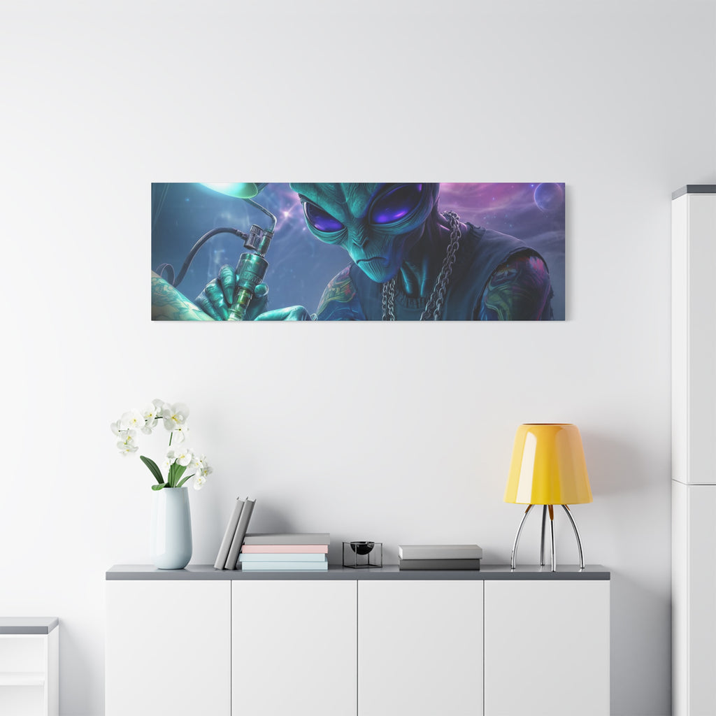 Alien Tattoo Artist Matte Canvas Print — Sci‑Fi Wall Art for Gamers & Nerd Decor