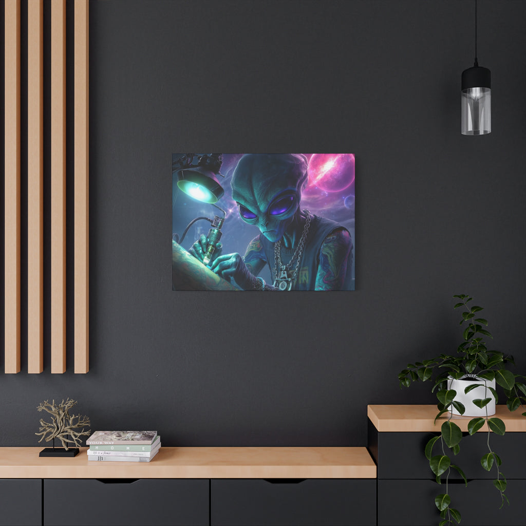 Alien Tattoo Artist Matte Canvas Print — Sci‑Fi Wall Art for Gamers & Nerd Decor