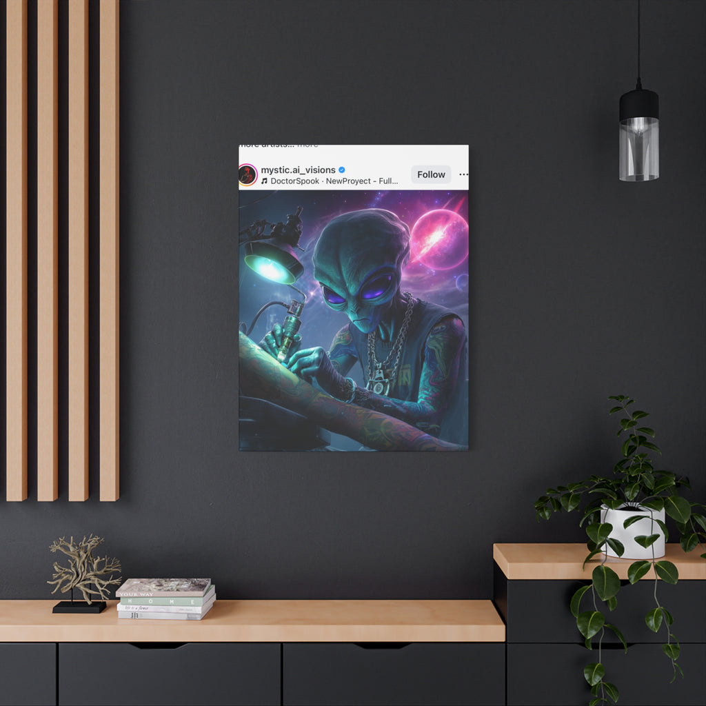Alien Tattoo Artist Matte Canvas Print — Sci‑Fi Wall Art for Gamers & Nerd Decor
