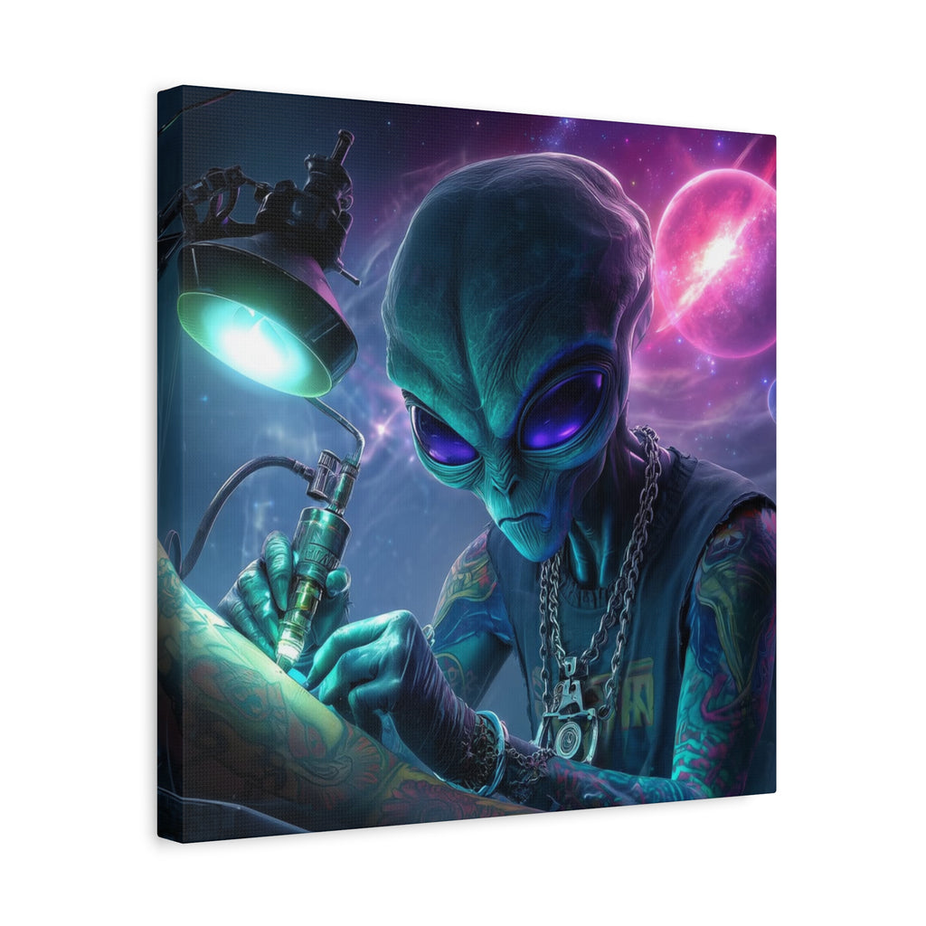Alien Tattoo Artist Matte Canvas Print — Sci‑Fi Wall Art for Gamers & Nerd Decor