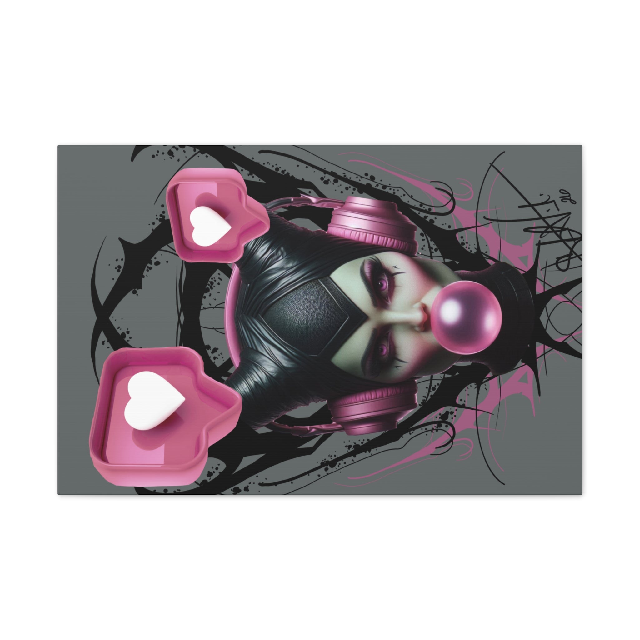 Gothic Pop Art Canvas Print — Pink Headphones & Bubblegum Femme