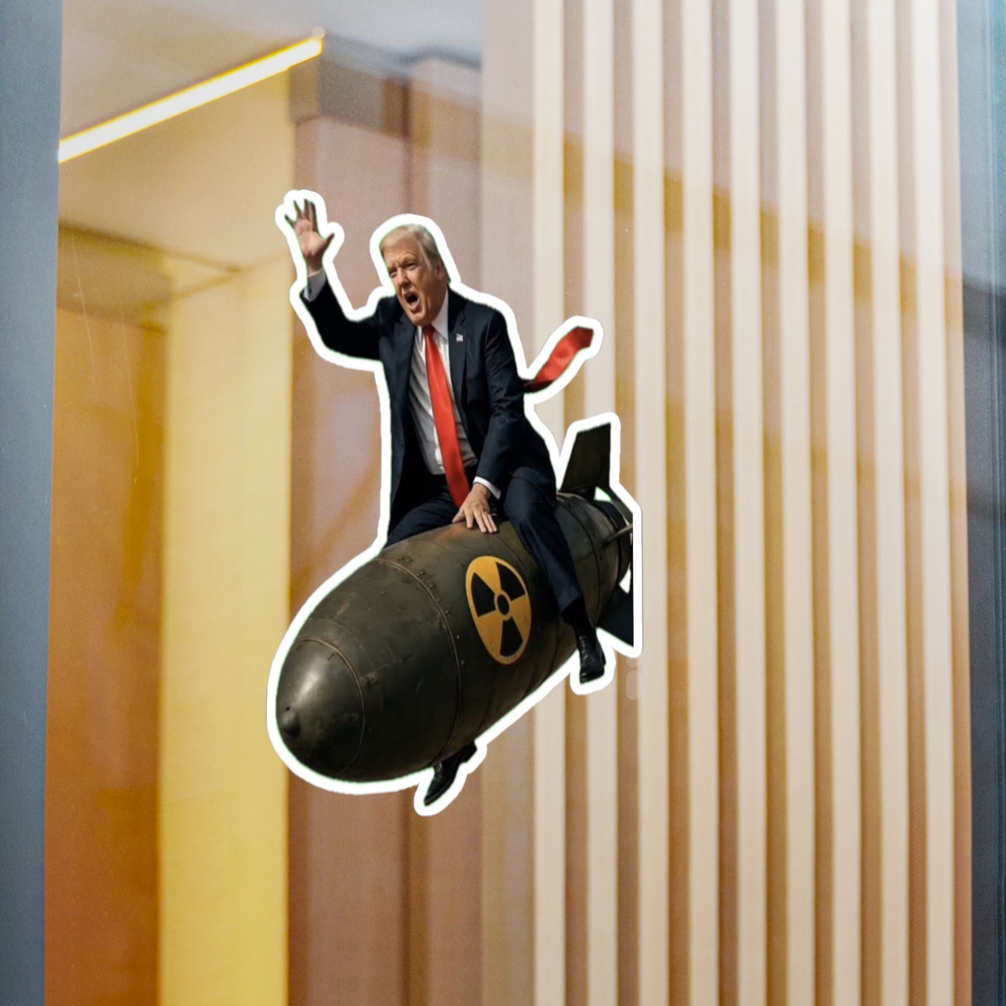 Political Satire Vinyl Sticker — Man Riding Nuclear Bomb Kiss-Cut Decal