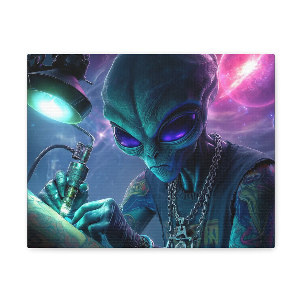 Alien Tattoo Artist Matte Canvas Print — Sci‑Fi Wall Art for Gamers & Nerd Decor