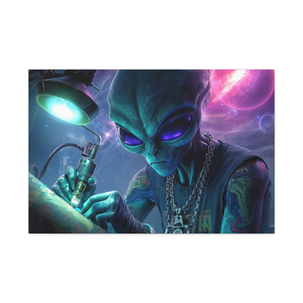 Alien Tattoo Artist Matte Canvas Print — Sci‑Fi Wall Art for Gamers & Nerd Decor
