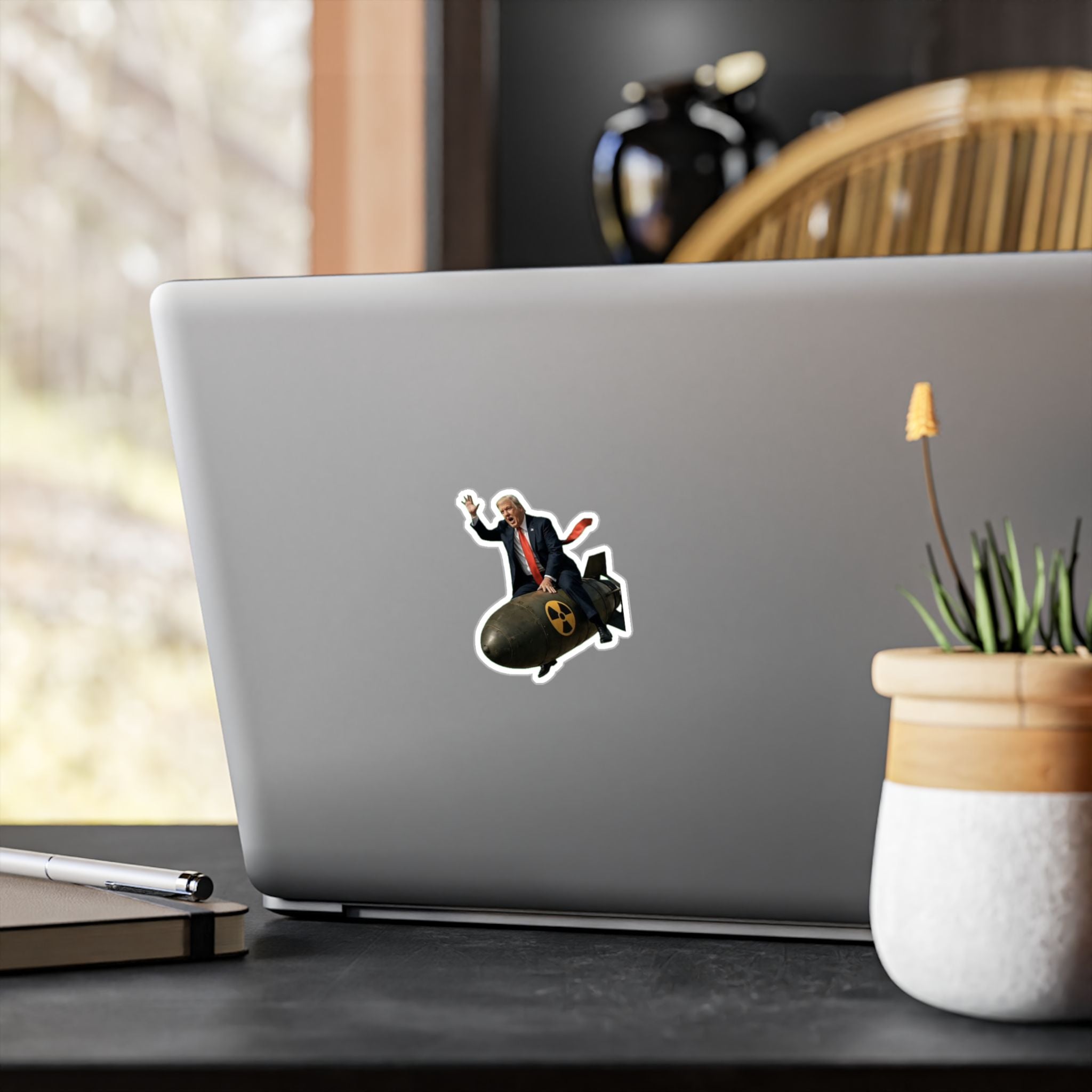 Political Satire Vinyl Sticker — Man Riding Nuclear Bomb Kiss-Cut Decal