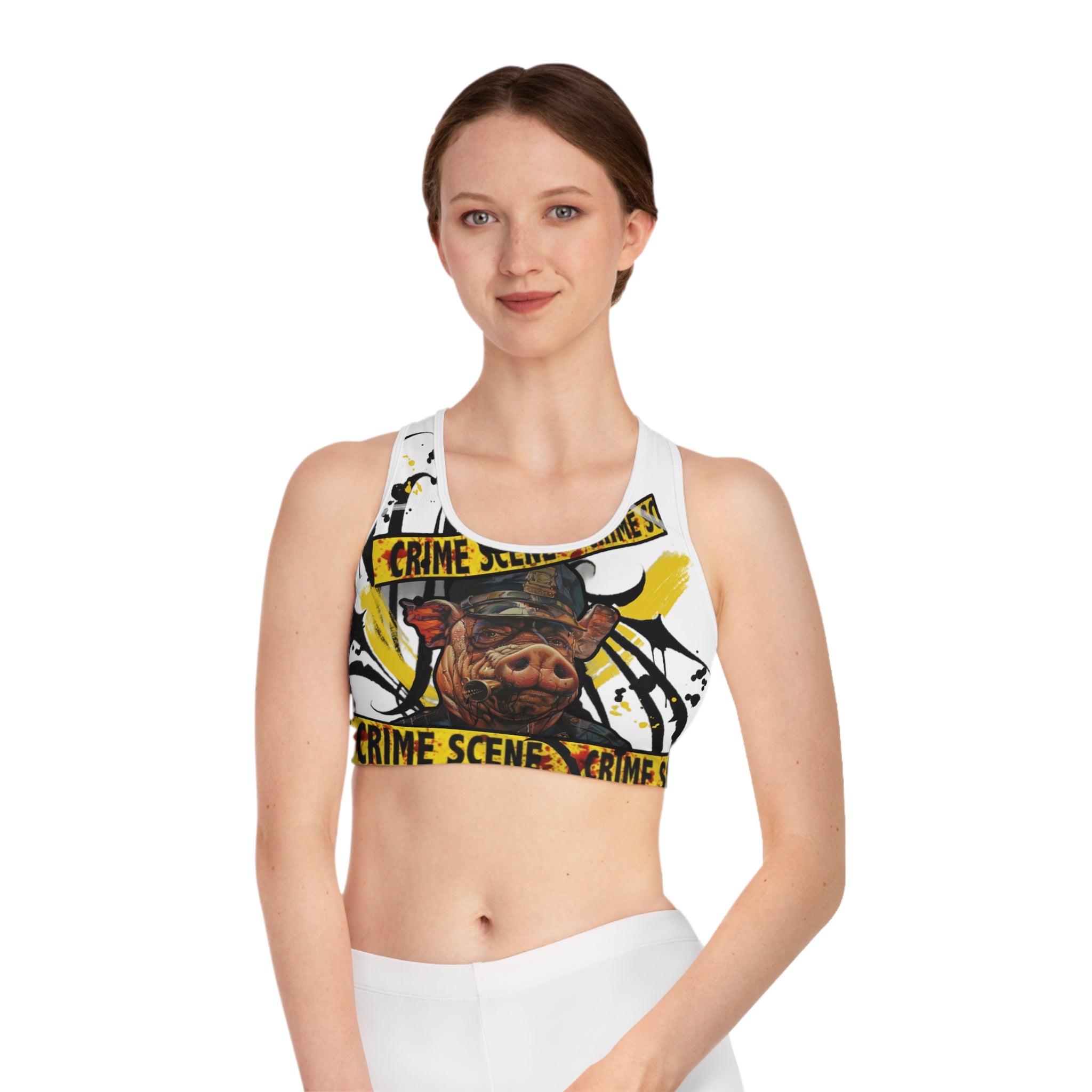 Crime Scene Pig Sports Bra WHITE — Edgy Graphic Activewear