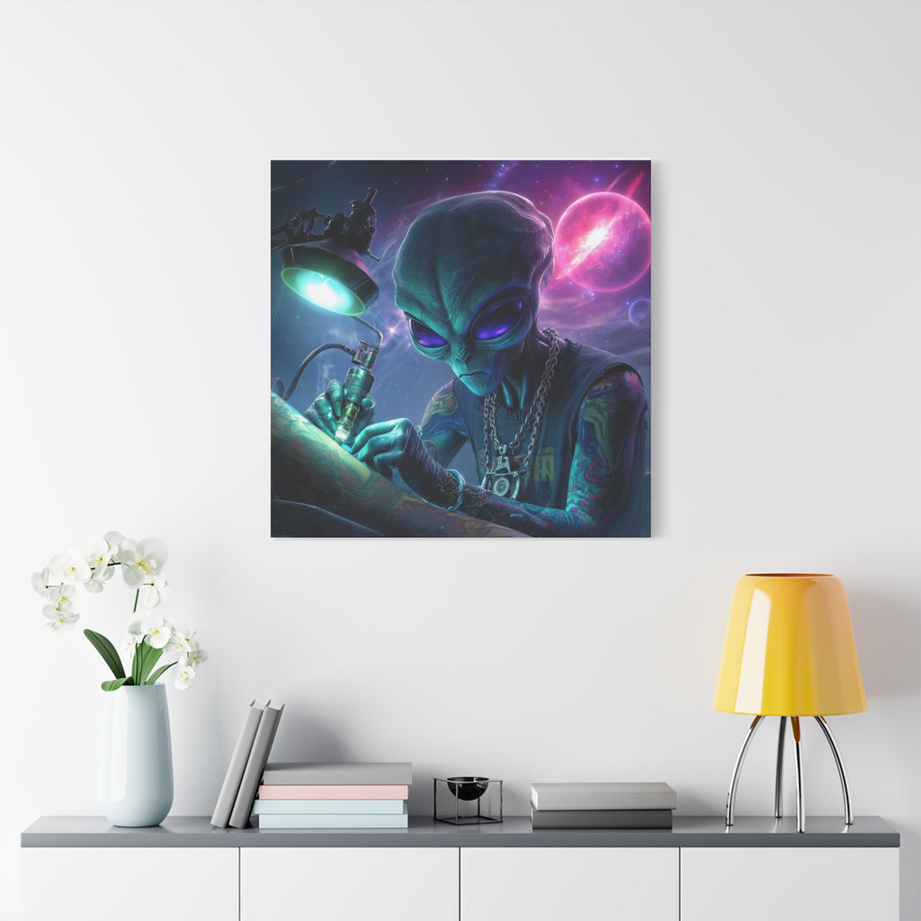 Alien Tattoo Artist Matte Canvas Print — Sci‑Fi Wall Art for Gamers & Nerd Decor