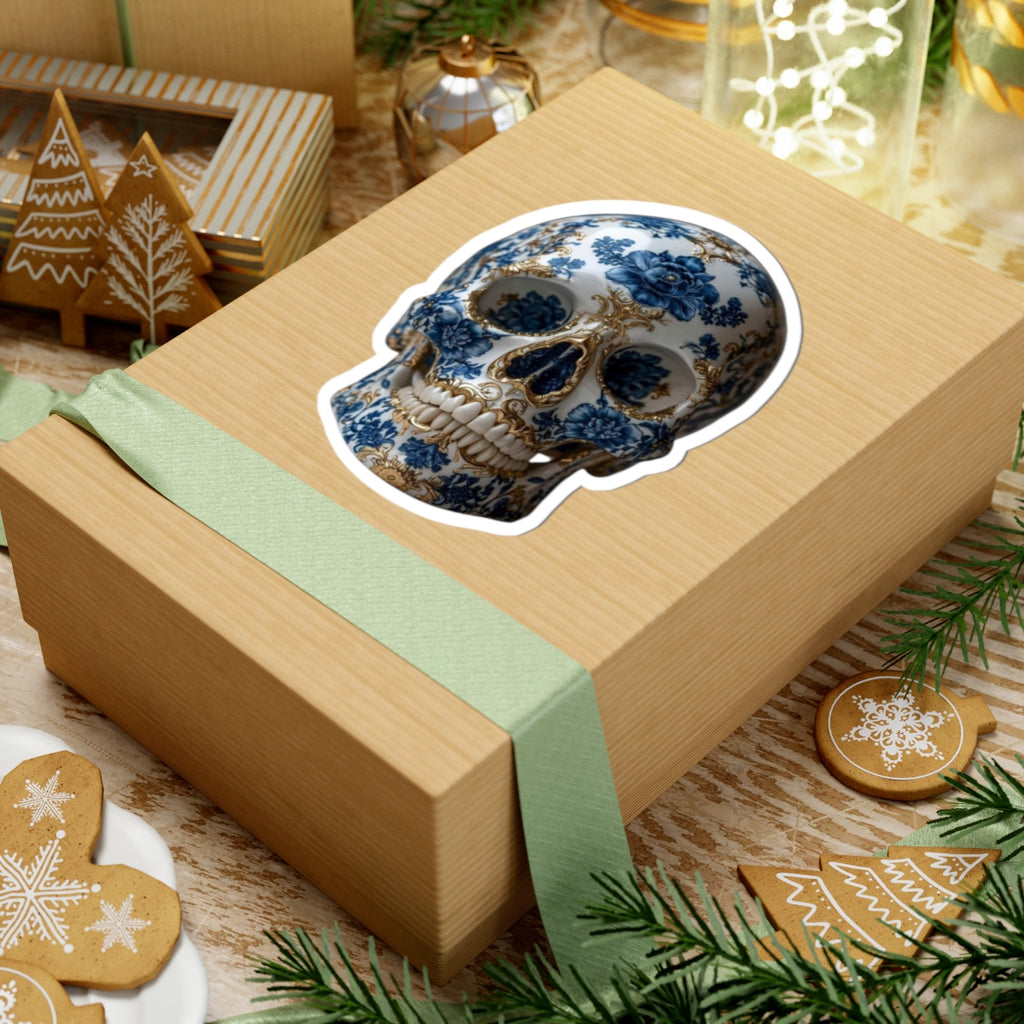Blue Floral Porcelain Skull Sticker