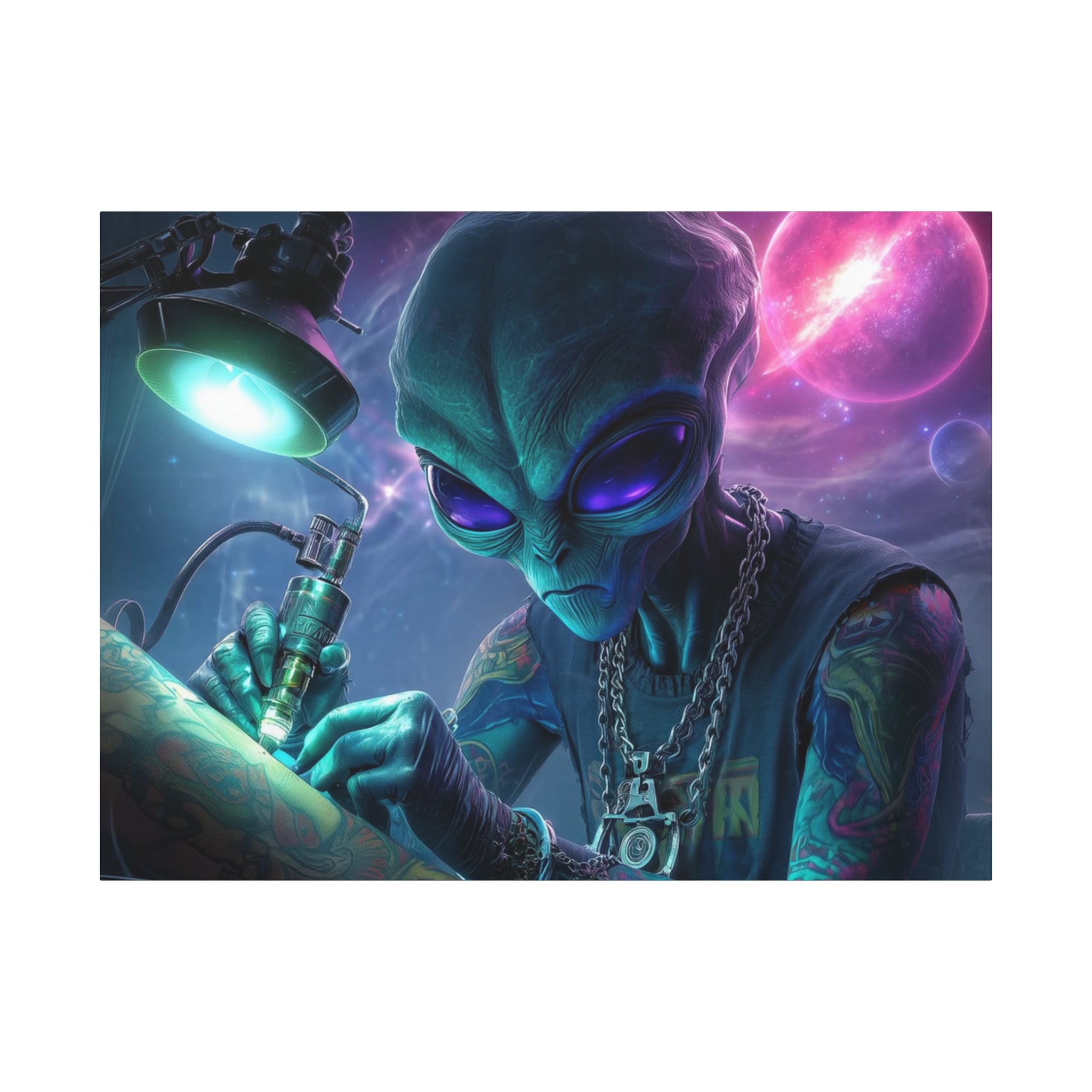 Alien Tattoo Artist Matte Canvas Print — Sci‑Fi Wall Art for Gamers & Nerd Decor