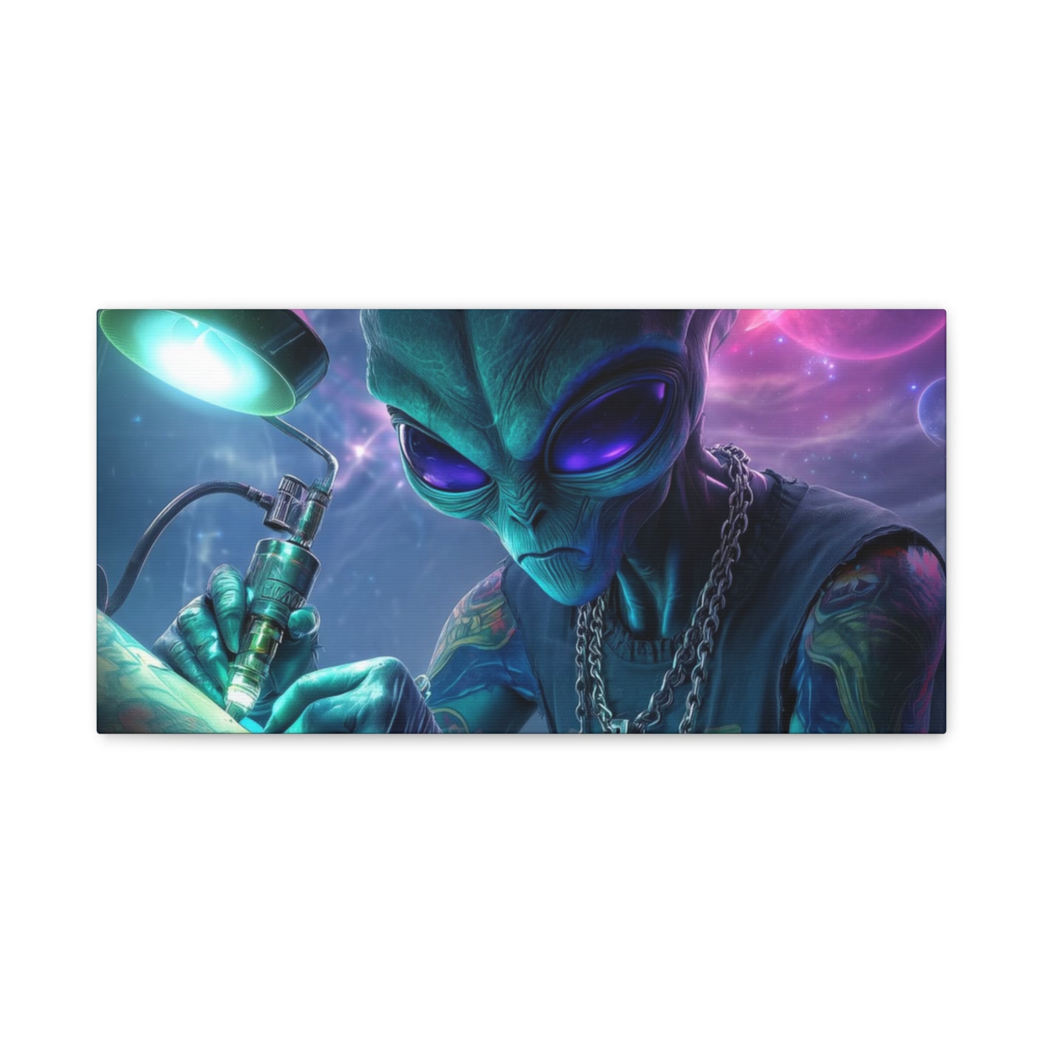 Alien Tattoo Artist Matte Canvas Print — Sci‑Fi Wall Art for Gamers & Nerd Decor