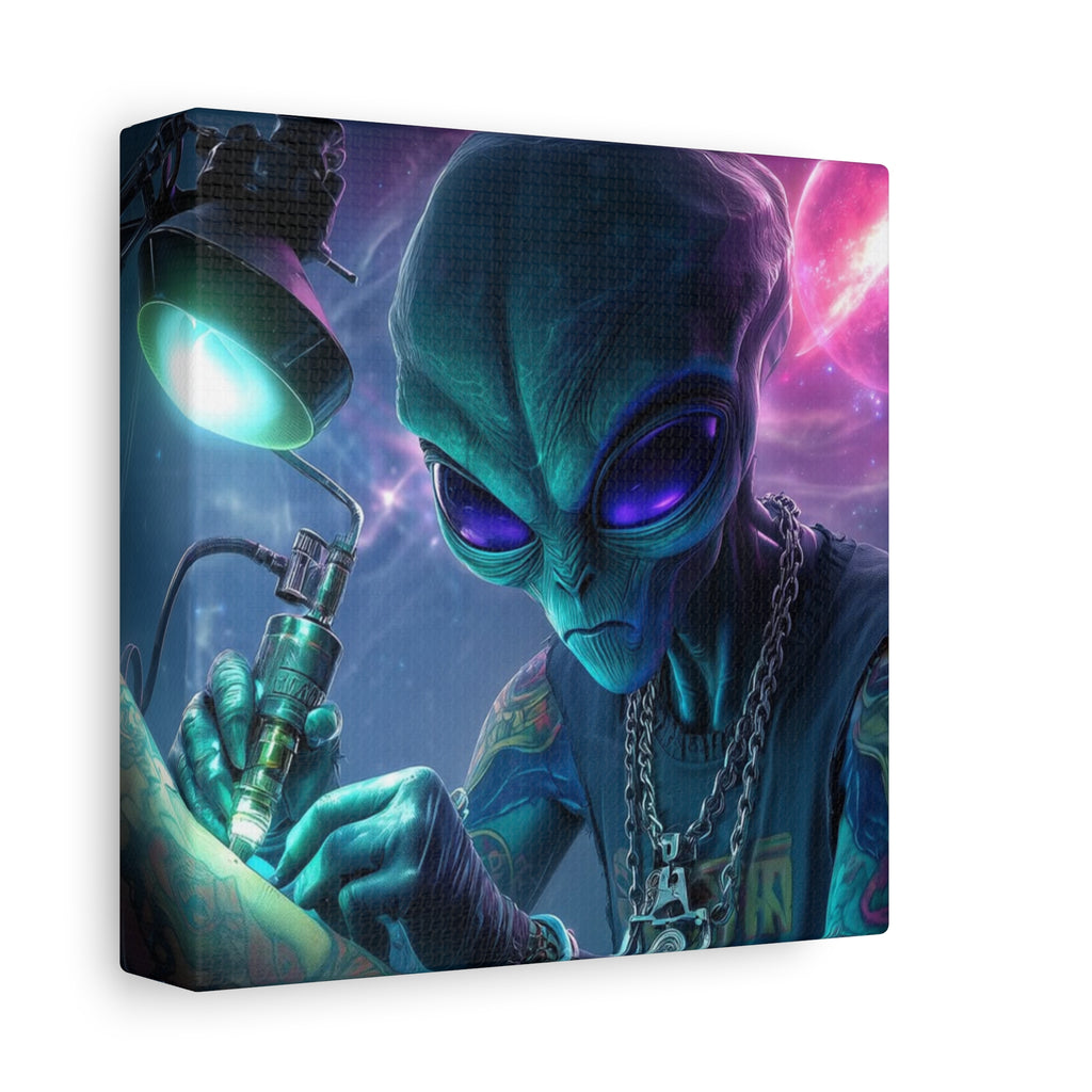 Alien Tattoo Artist Matte Canvas Print — Sci‑Fi Wall Art for Gamers & Nerd Decor