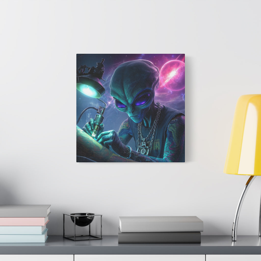 Alien Tattoo Artist Matte Canvas Print — Sci‑Fi Wall Art for Gamers & Nerd Decor