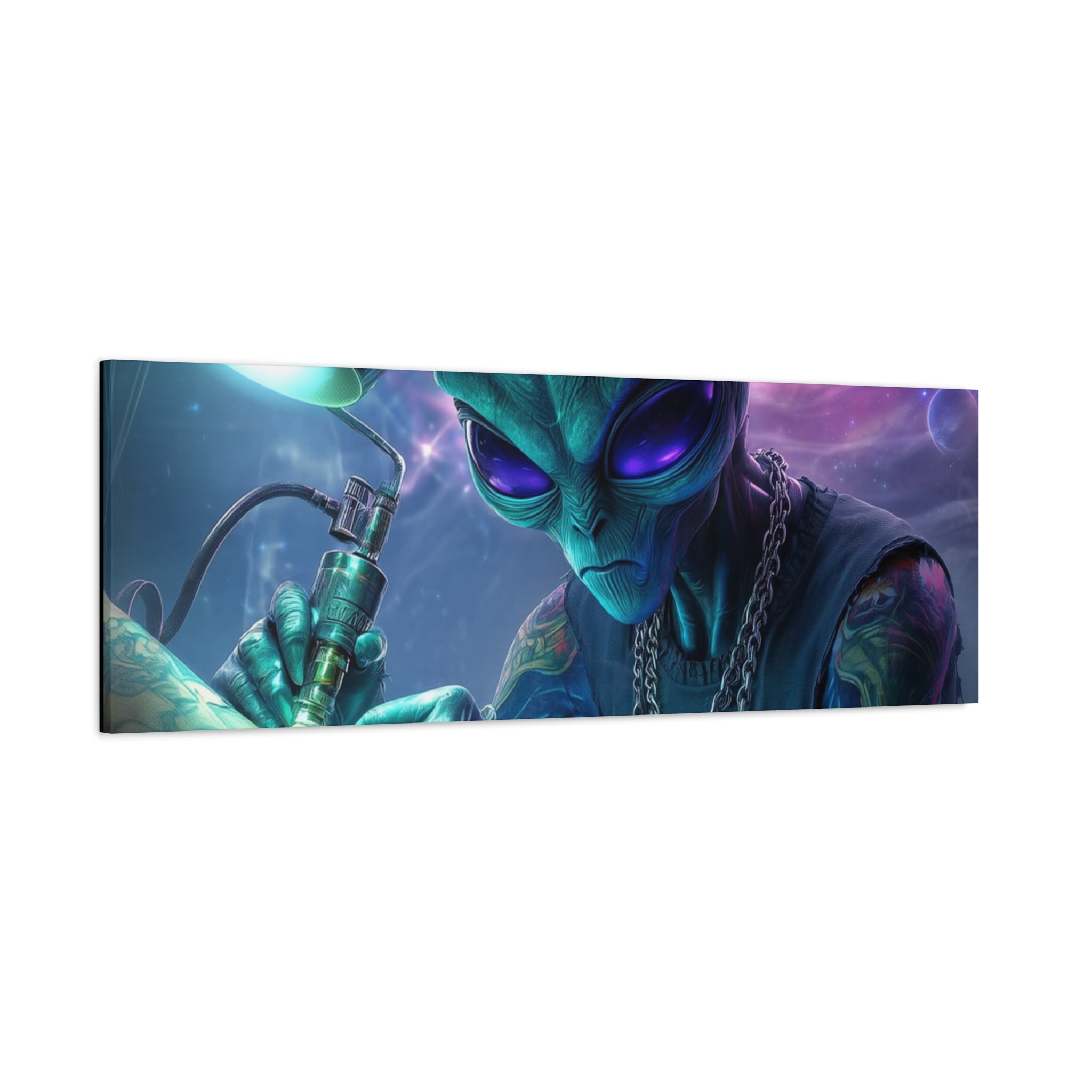 Alien Tattoo Artist Matte Canvas Print — Sci‑Fi Wall Art for Gamers & Nerd Decor