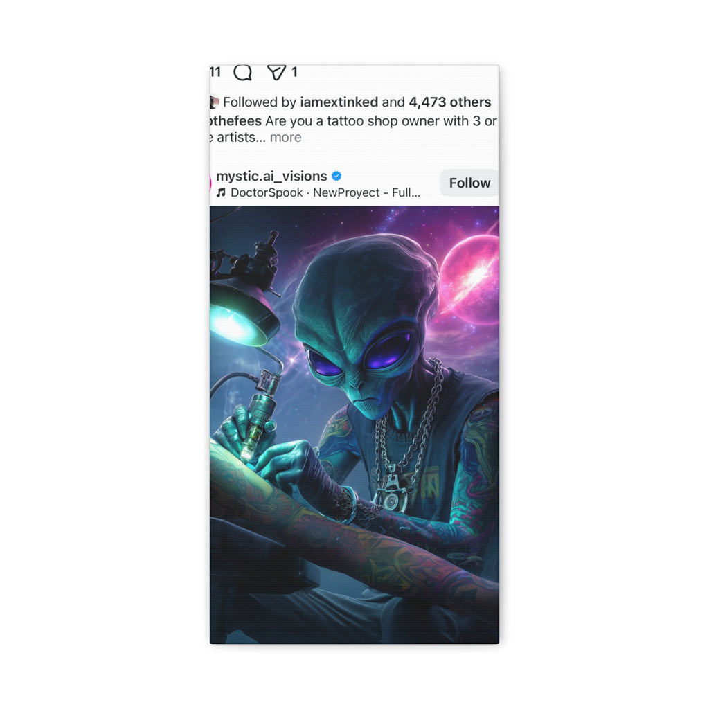 Alien Tattoo Artist Matte Canvas Print — Sci‑Fi Wall Art for Gamers & Nerd Decor