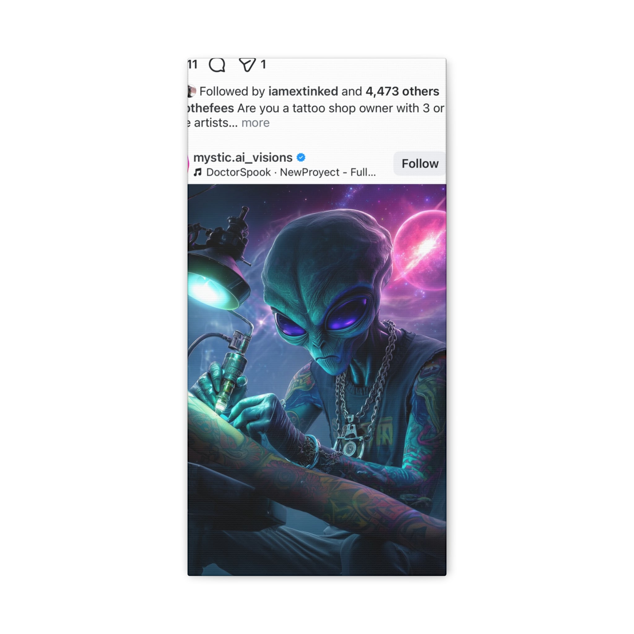 Alien Tattoo Artist Matte Canvas Print — Sci‑Fi Wall Art for Gamers & Nerd Decor