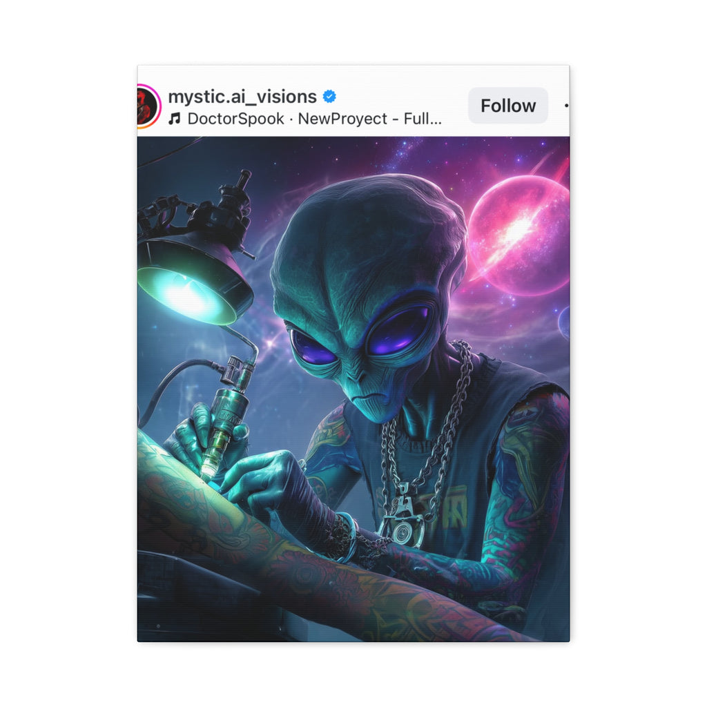 Alien Tattoo Artist Matte Canvas Print — Sci‑Fi Wall Art for Gamers & Nerd Decor