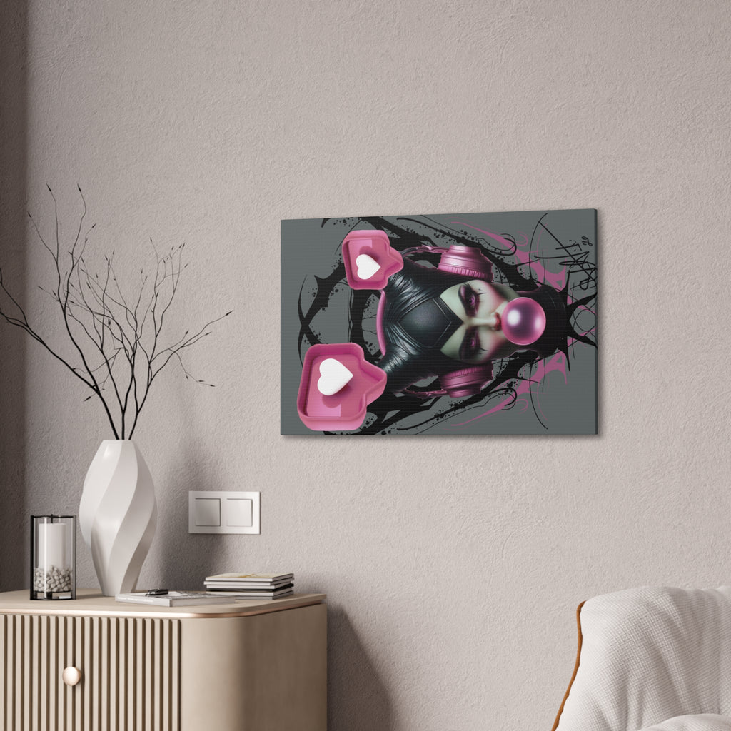Gothic Pop Art Canvas Print — Pink Headphones & Bubblegum Femme