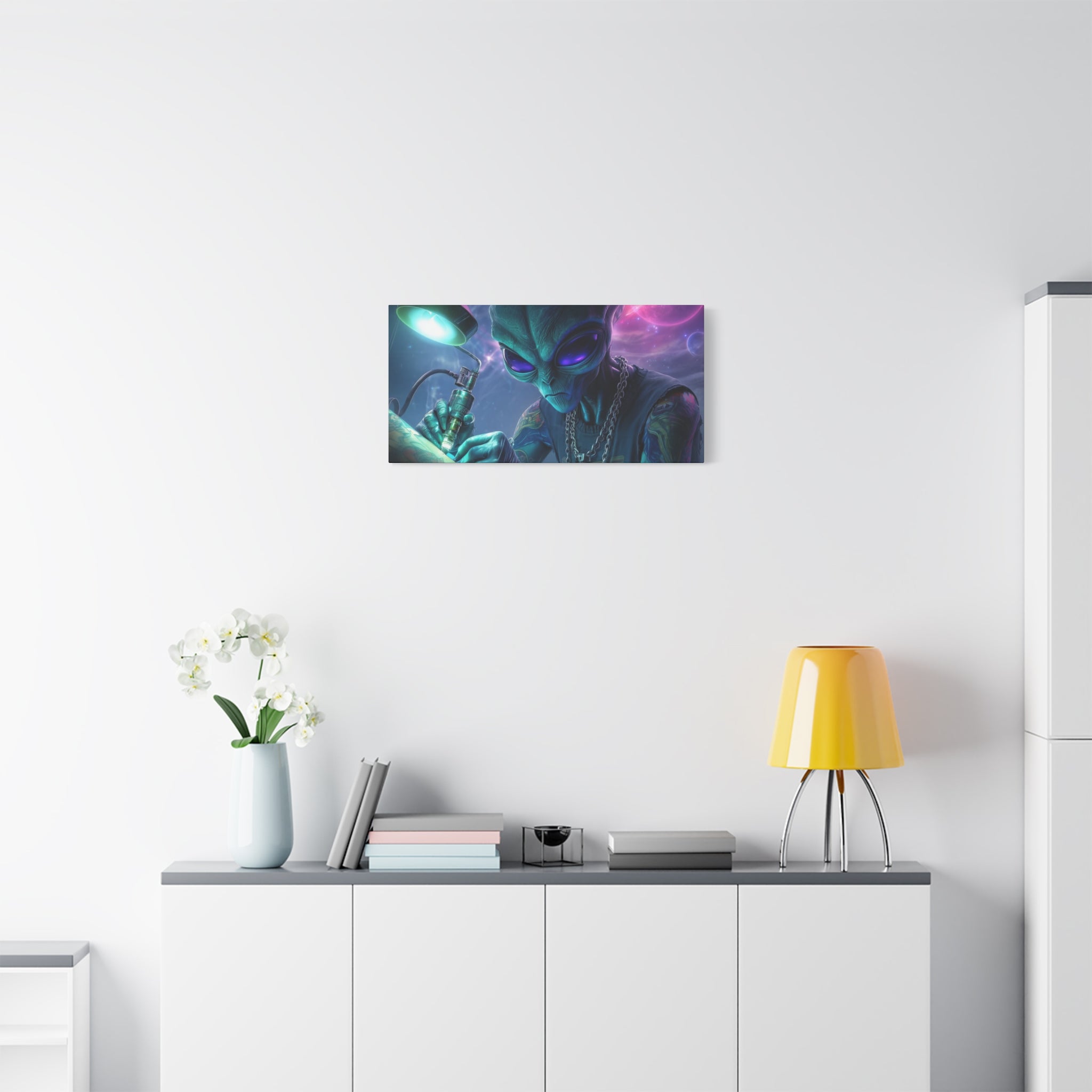 Alien Tattoo Artist Matte Canvas Print — Sci‑Fi Wall Art for Gamers & Nerd Decor